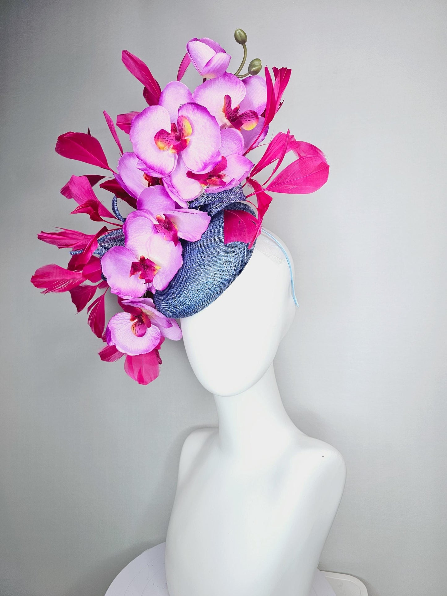 kentucky derby hat fascinator denim blue sinamay with bow lilac purple and pink satin orchid flowers and hot pink branching feathers