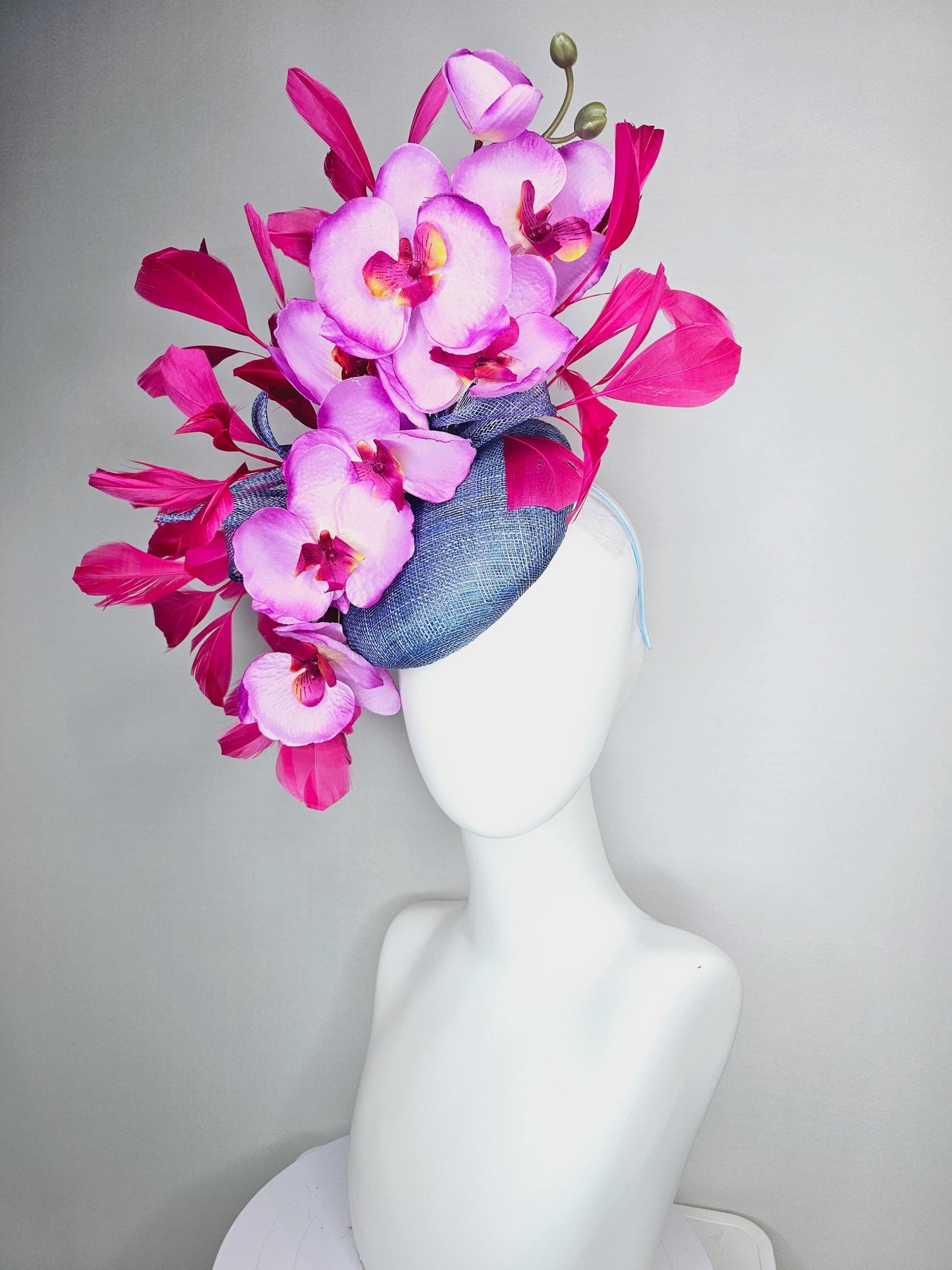 kentucky derby hat fascinator denim blue sinamay with bow lilac purple and pink satin orchid flowers and hot pink branching feathers
