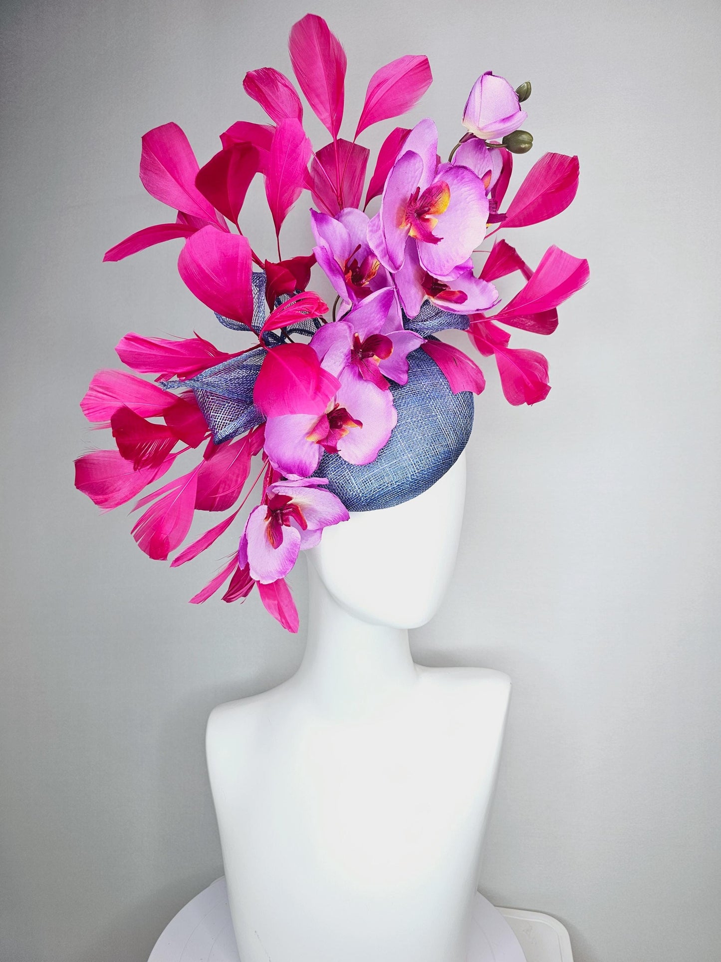 kentucky derby hat fascinator denim blue sinamay with bow lilac purple and pink satin orchid flowers and hot pink branching feathers