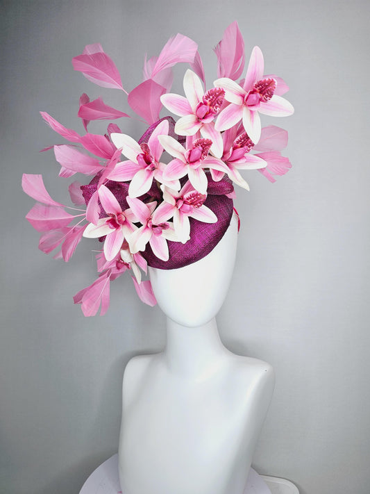 kentucky derby hat fascinator magenta purple sinamay with bow and white and pink satin orchid flowers with blush pink branching feathers