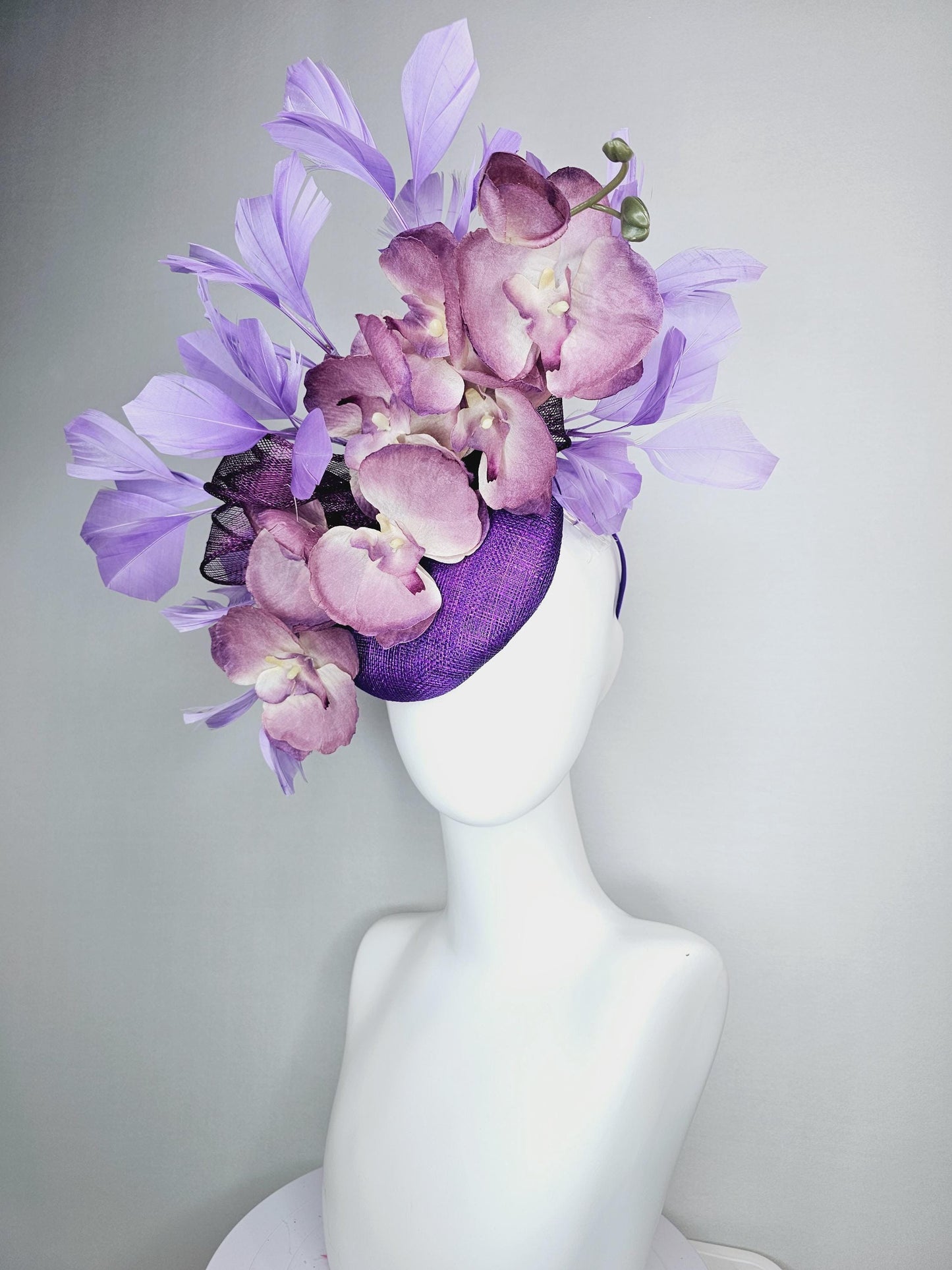 kentucky derby hat fascinator violet purple sinamay with bow and lilac purple satin orchid flowers with lavender purple branching feathers