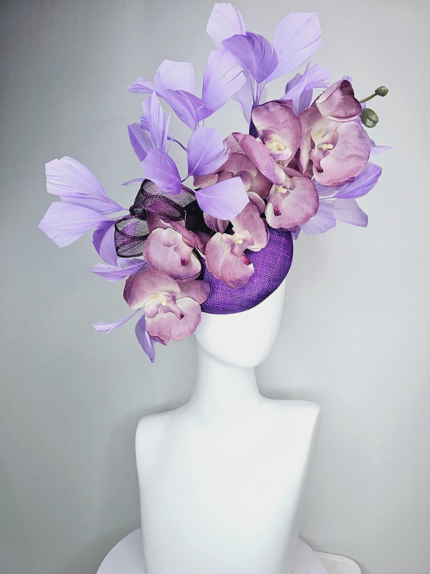 kentucky derby hat fascinator violet purple sinamay with bow and lilac purple satin orchid flowers with lavender purple branching feathers
