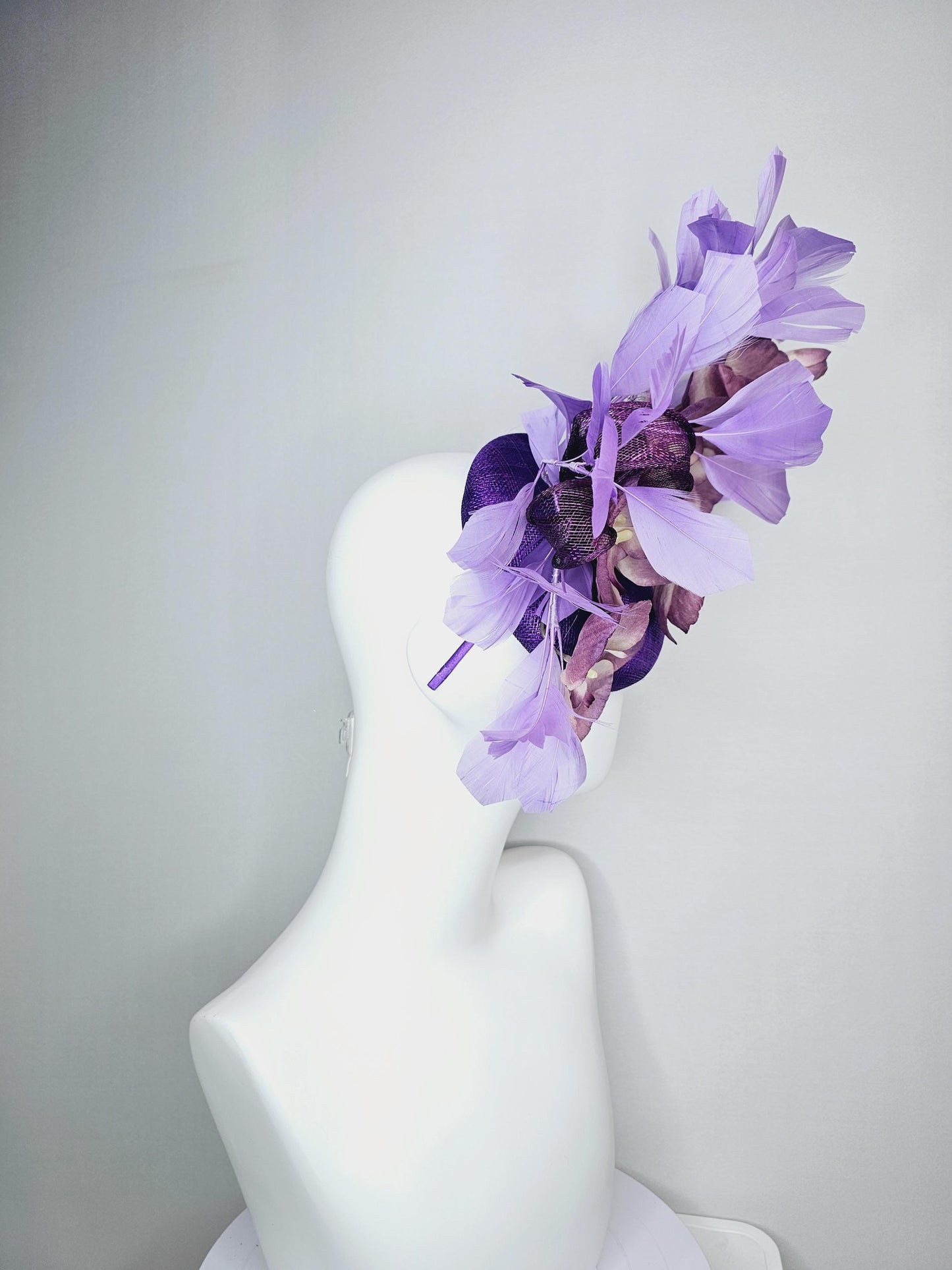 kentucky derby hat fascinator violet purple sinamay with bow and lilac purple satin orchid flowers with lavender purple branching feathers