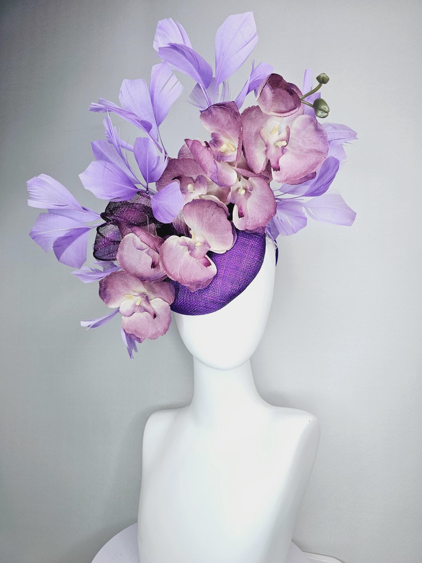 kentucky derby hat fascinator violet purple sinamay with bow and lilac purple satin orchid flowers with lavender purple branching feathers