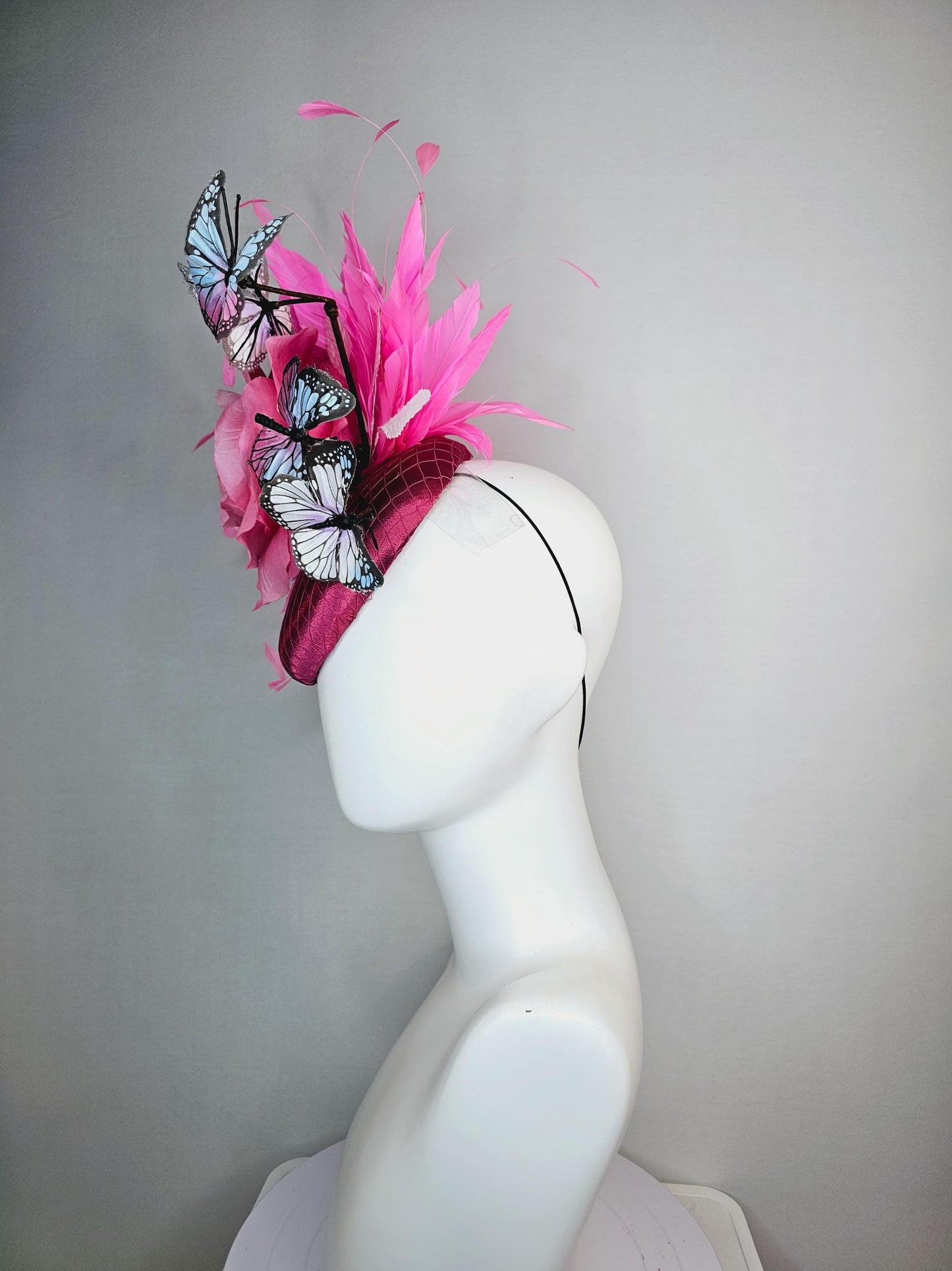 kentucky derby hat fascinator burgundy red satin with netting blush pink satin rose pink feathers light pink blue purple black butterflies