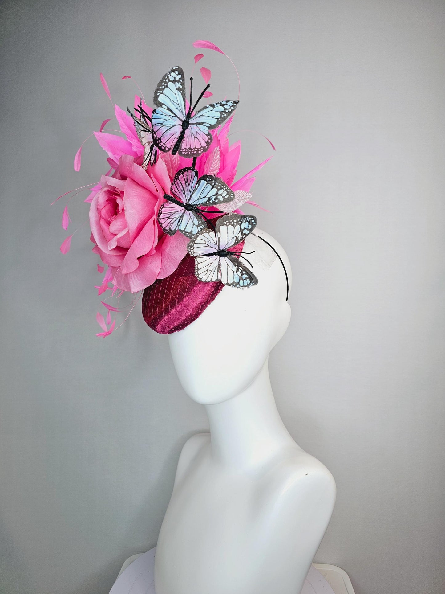 kentucky derby hat fascinator burgundy red satin with netting blush pink satin rose pink feathers light pink blue purple black butterflies