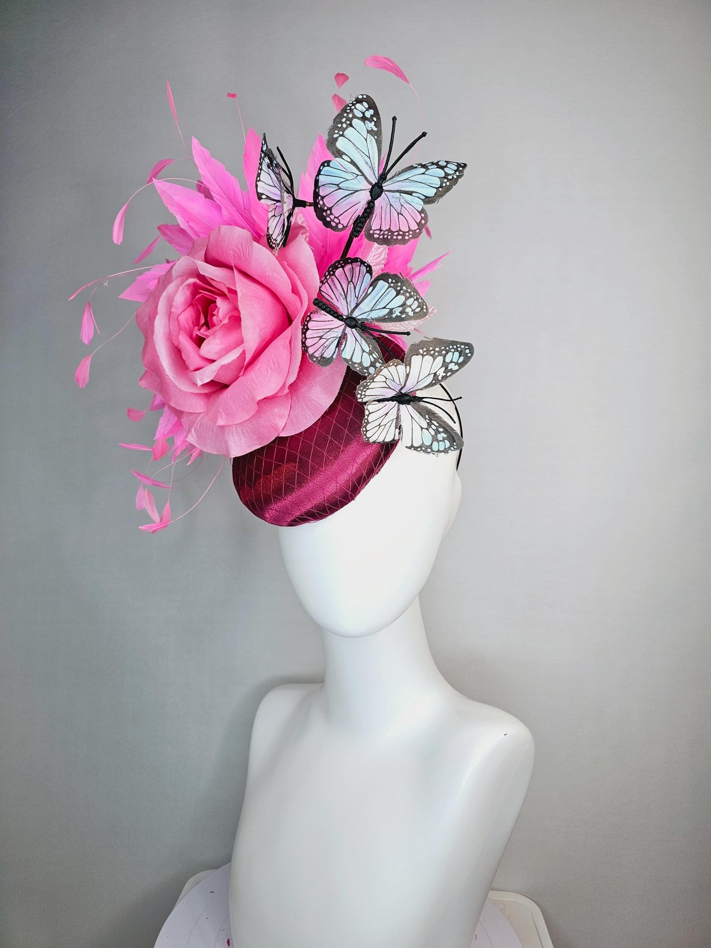 kentucky derby hat fascinator burgundy red satin with netting blush pink satin rose pink feathers light pink blue purple black butterflies