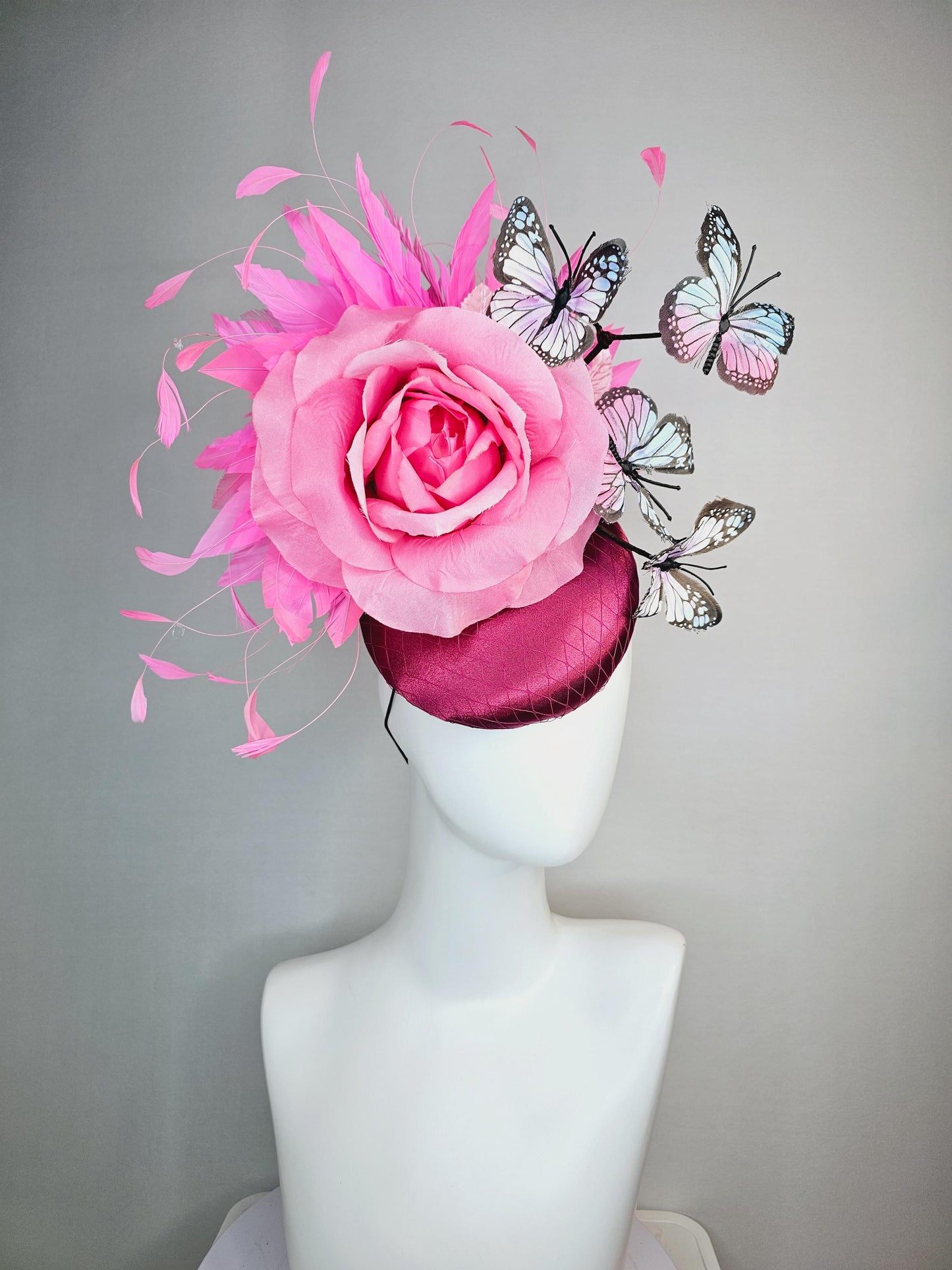 kentucky derby hat fascinator burgundy red satin with netting blush pink satin rose pink feathers light pink blue purple black butterflies