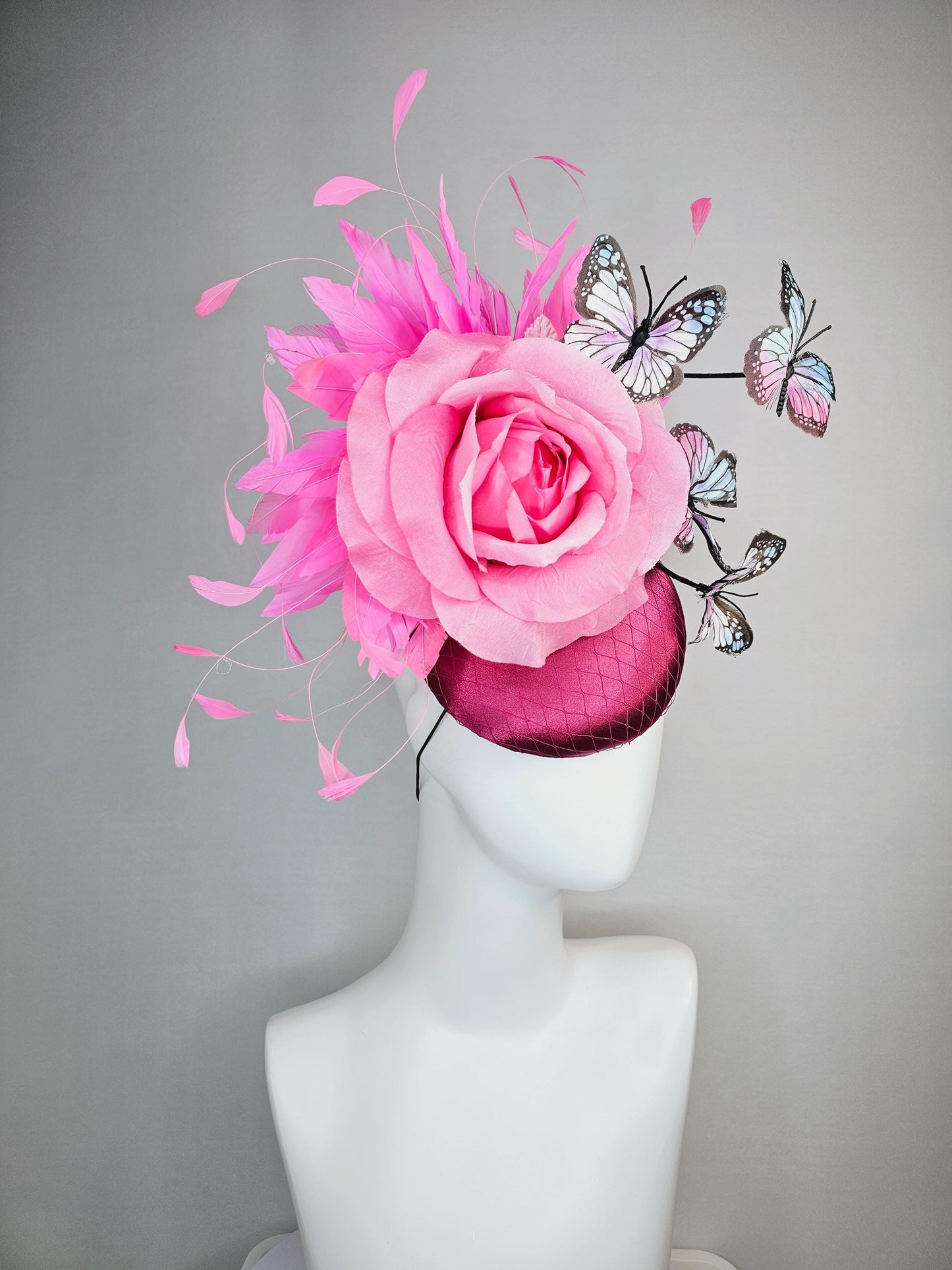 kentucky derby hat fascinator burgundy red satin with netting blush pink satin rose pink feathers light pink blue purple black butterflies