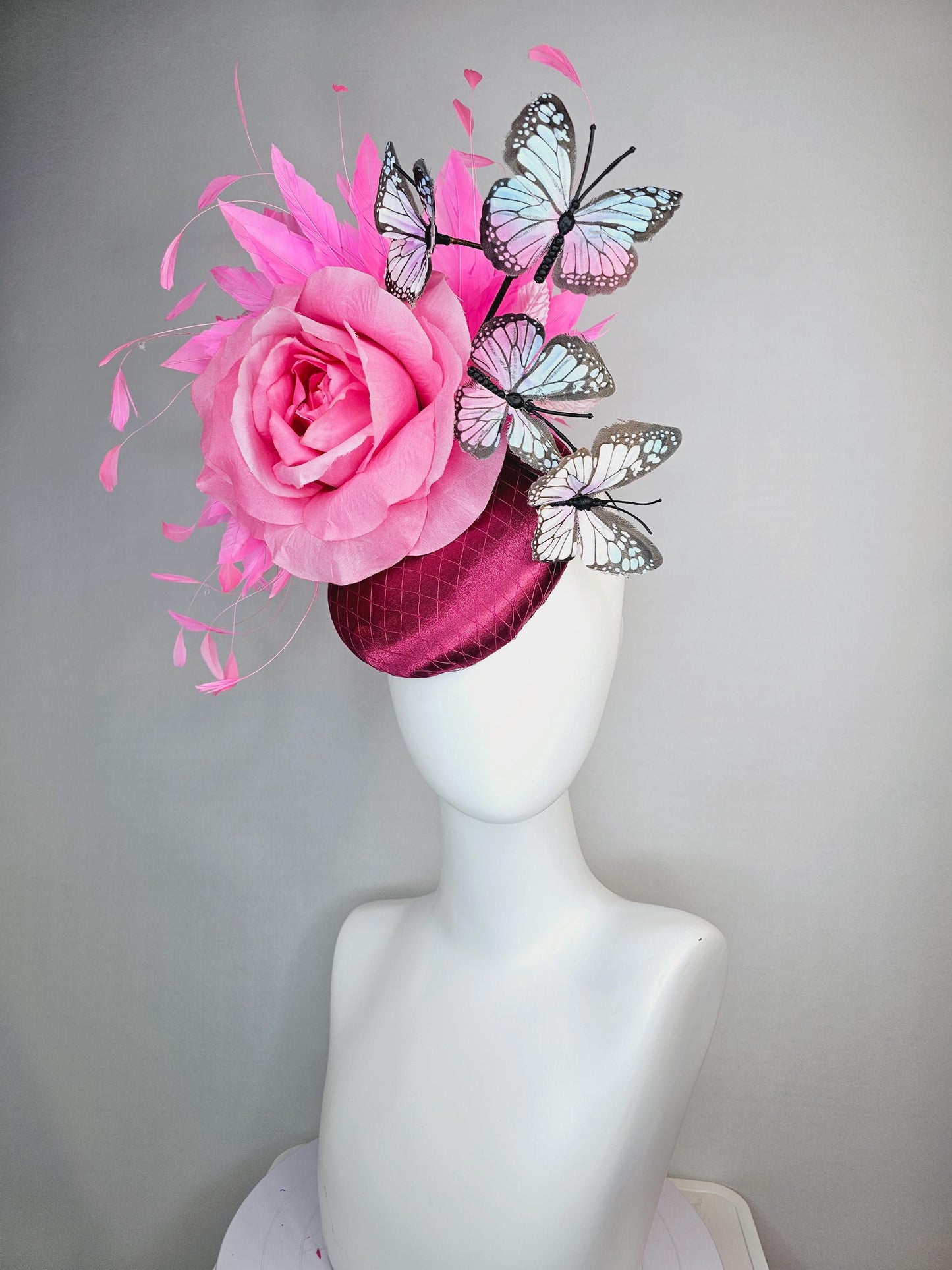 kentucky derby hat fascinator burgundy red satin with netting blush pink satin rose pink feathers light pink blue purple black butterflies