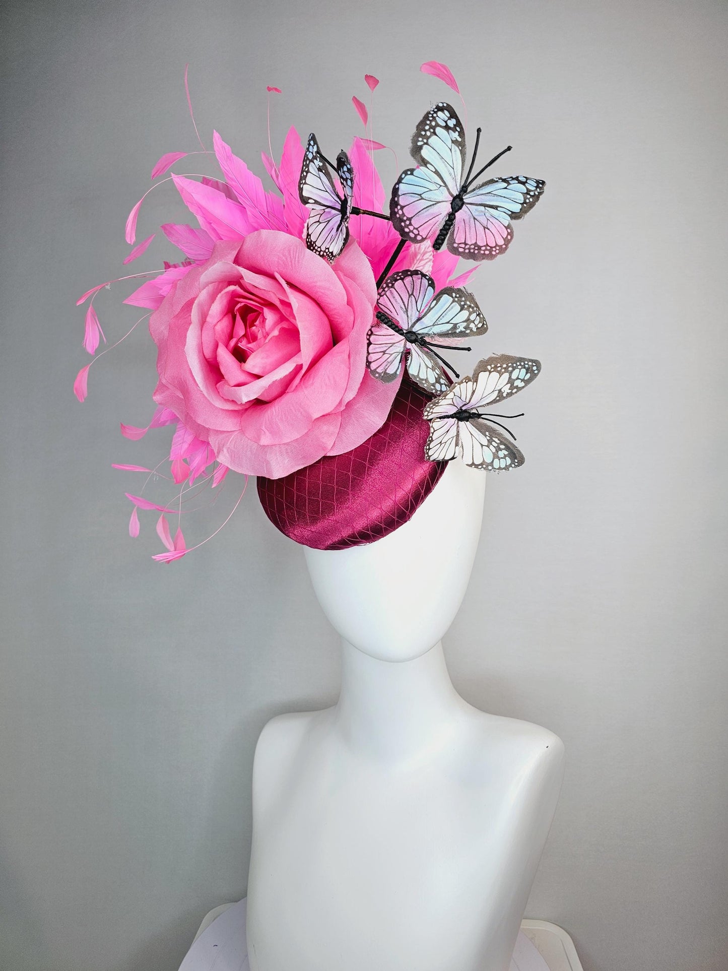 kentucky derby hat fascinator burgundy red satin with netting blush pink satin rose pink feathers light pink blue purple black butterflies