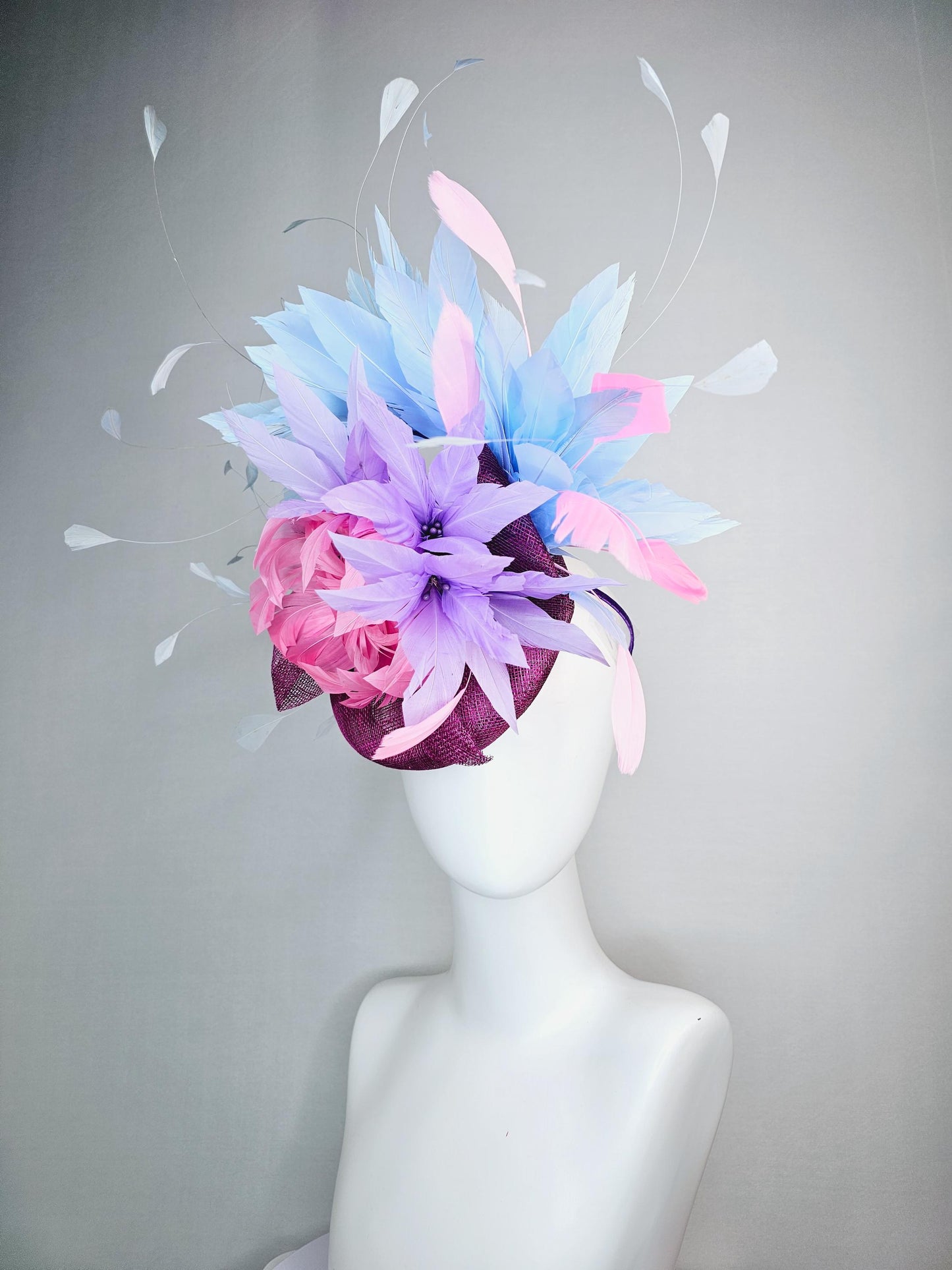 kentucky derby hat fascinator colorful magenta purple sinamay with bow pink feather flower and lavender light pink light blue white feathers