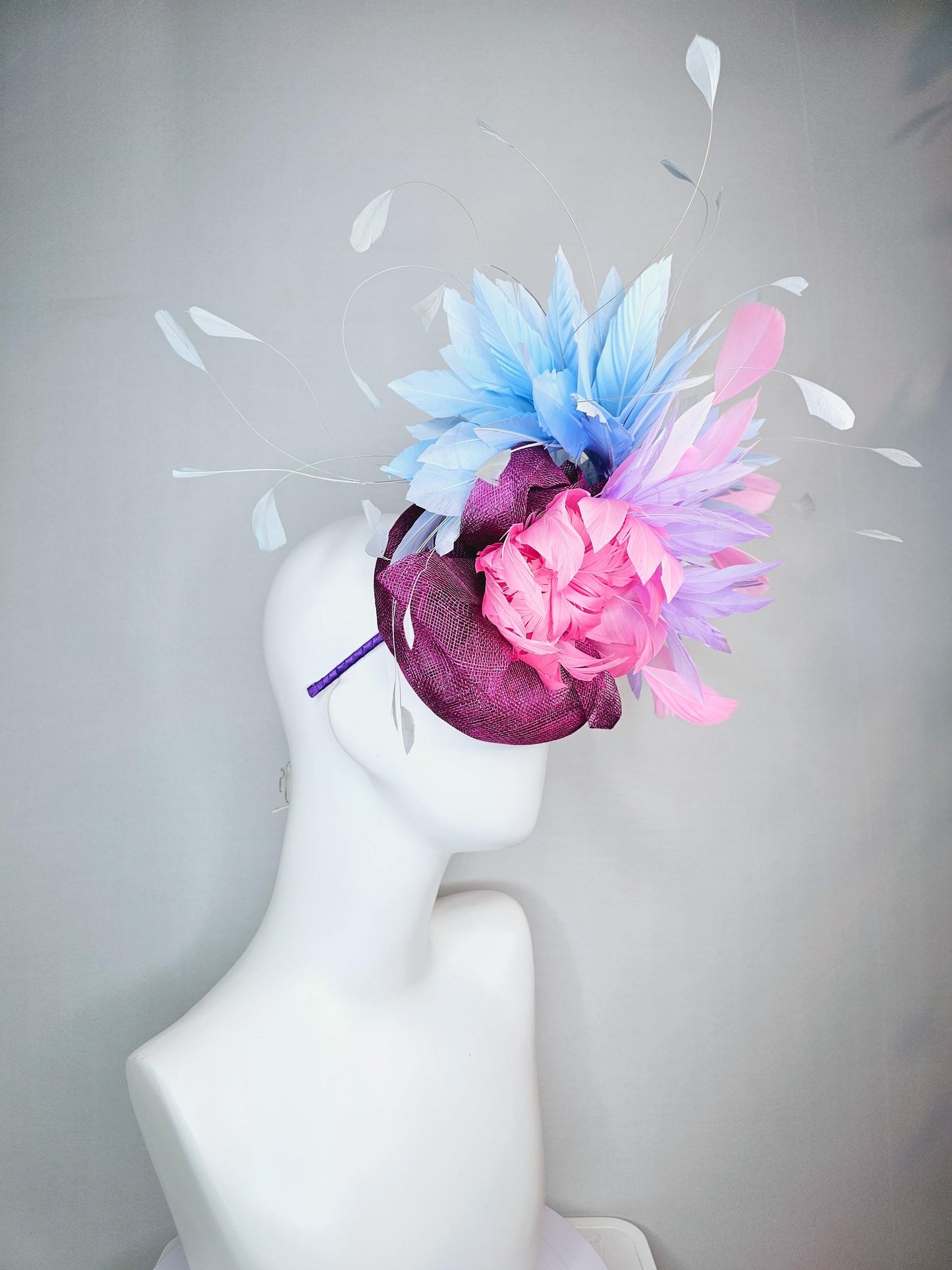 kentucky derby hat fascinator colorful magenta purple sinamay with bow pink feather flower and lavender light pink light blue white feathers