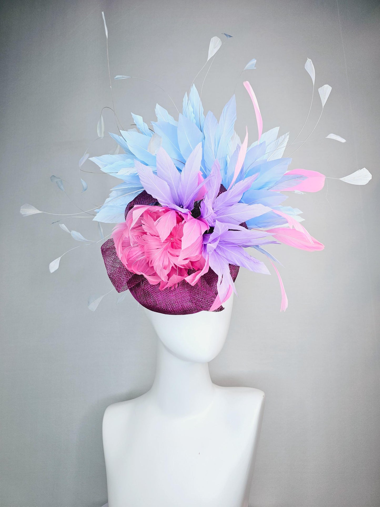 kentucky derby hat fascinator colorful magenta purple sinamay with bow pink feather flower and lavender light pink light blue white feathers
