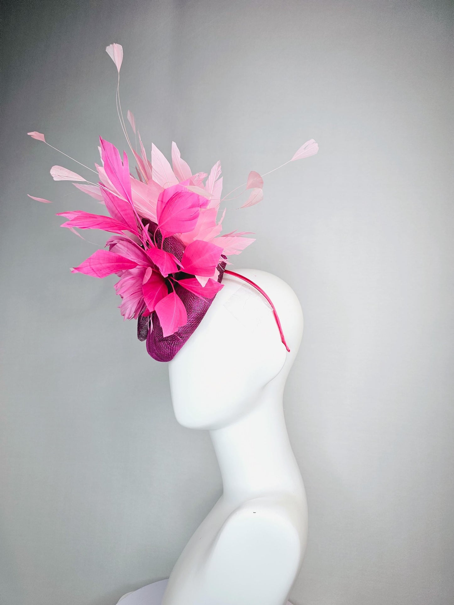 kentucky derby hat fascinator magenta purple sinamay with bow and blush pink feather flower with light pink blush pink branching feathers