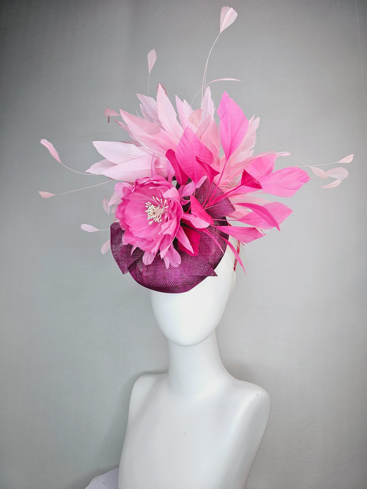 kentucky derby hat fascinator magenta purple sinamay with bow and blush pink feather flower with light pink blush pink branching feathers