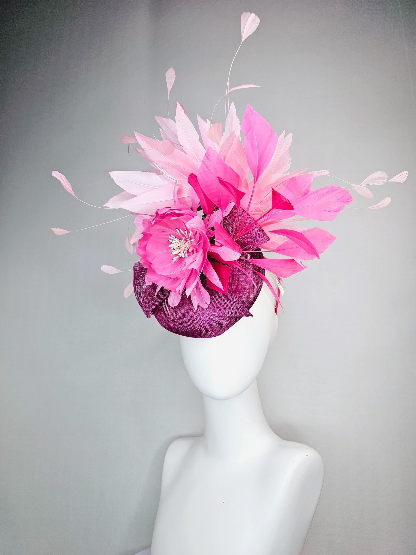 kentucky derby hat fascinator magenta purple sinamay with bow and blush pink feather flower with light pink blush pink branching feathers