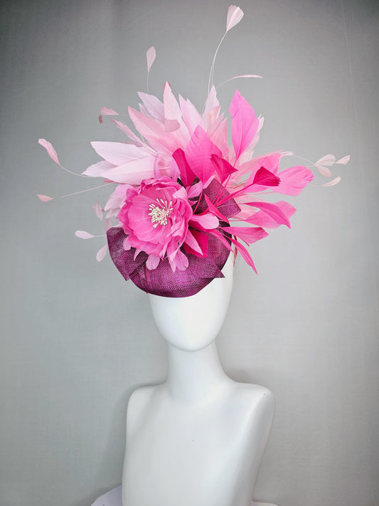 kentucky derby hat fascinator magenta purple sinamay with bow and blush pink feather flower with light pink blush pink branching feathers