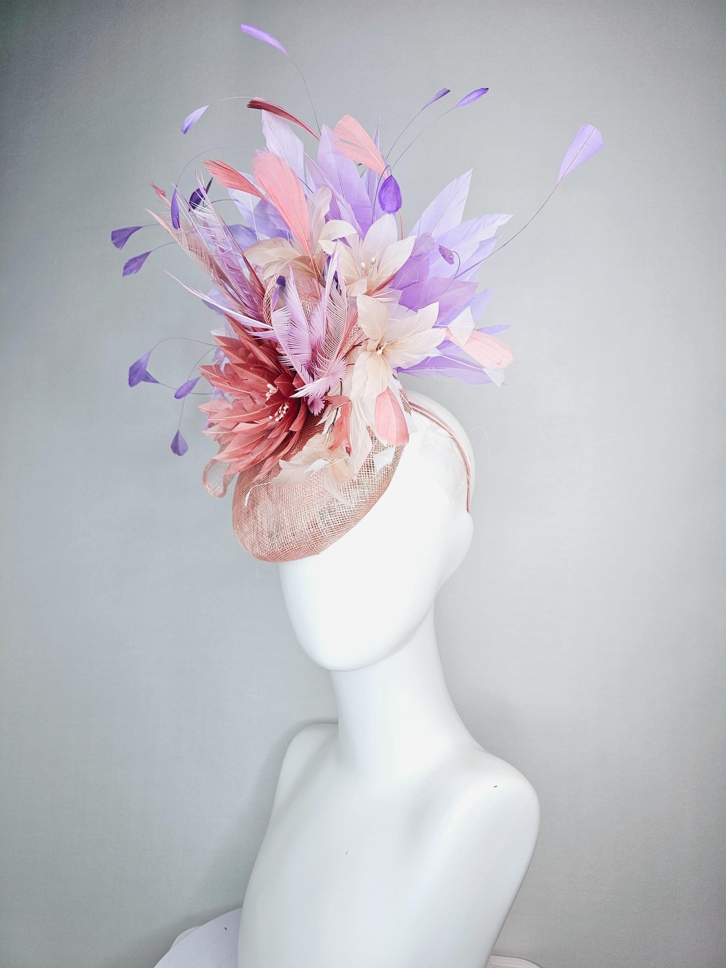 kentucky derby hat fascinator champagne pink sinamay with sinamay bow dusty rose light pink feather flowers white lavender purple feathers