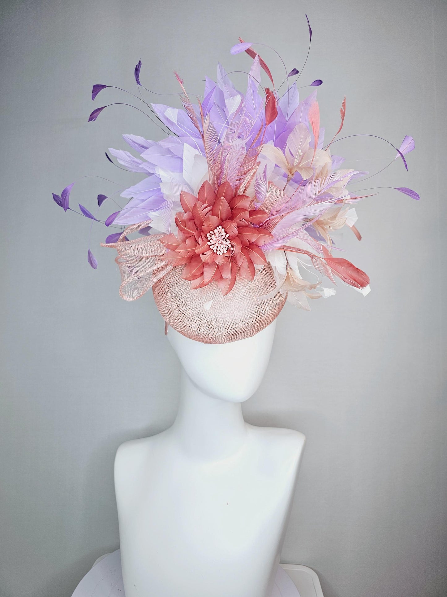 kentucky derby hat fascinator champagne pink sinamay with sinamay bow dusty rose light pink feather flowers white lavender purple feathers