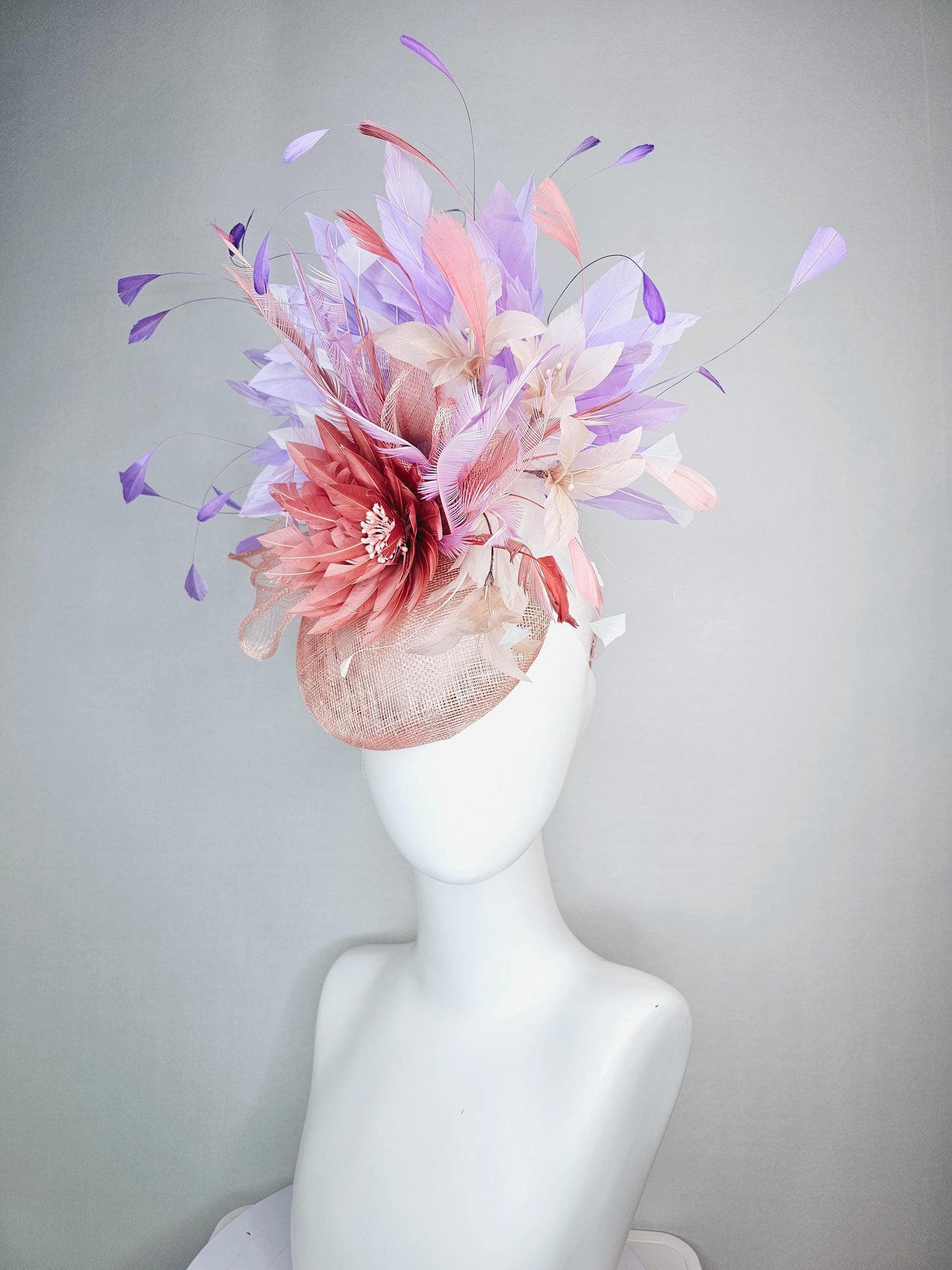 kentucky derby hat fascinator champagne pink sinamay with sinamay bow dusty rose light pink feather flowers white lavender purple feathers