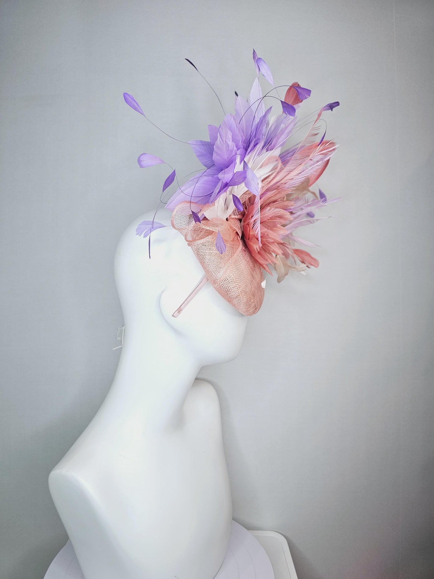 kentucky derby hat fascinator champagne pink sinamay with sinamay bow dusty rose light pink feather flowers white lavender purple feathers