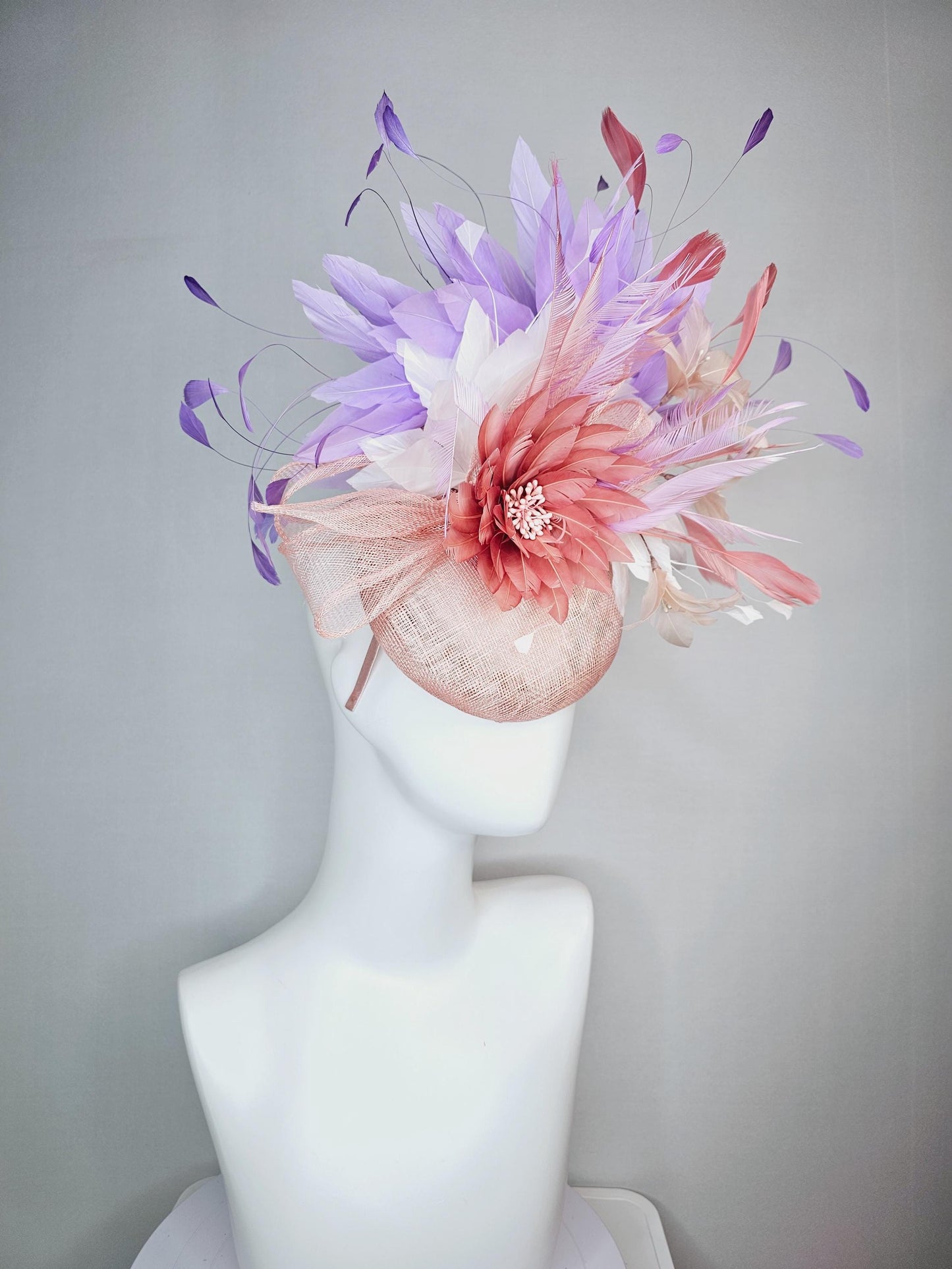 kentucky derby hat fascinator champagne pink sinamay with sinamay bow dusty rose light pink feather flowers white lavender purple feathers