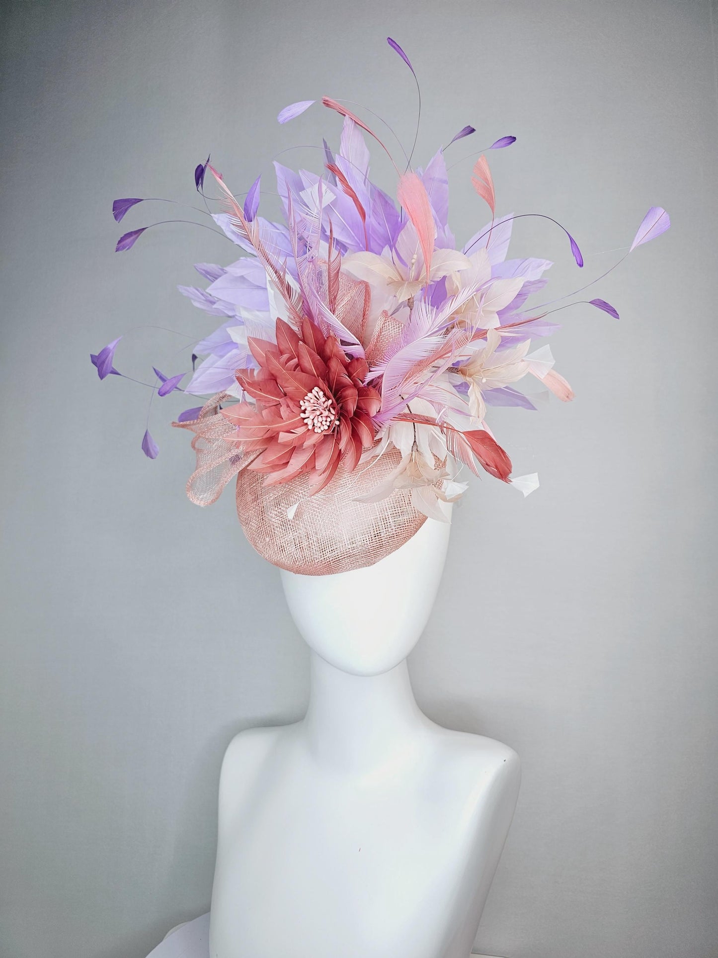 kentucky derby hat fascinator champagne pink sinamay with sinamay bow dusty rose light pink feather flowers white lavender purple feathers