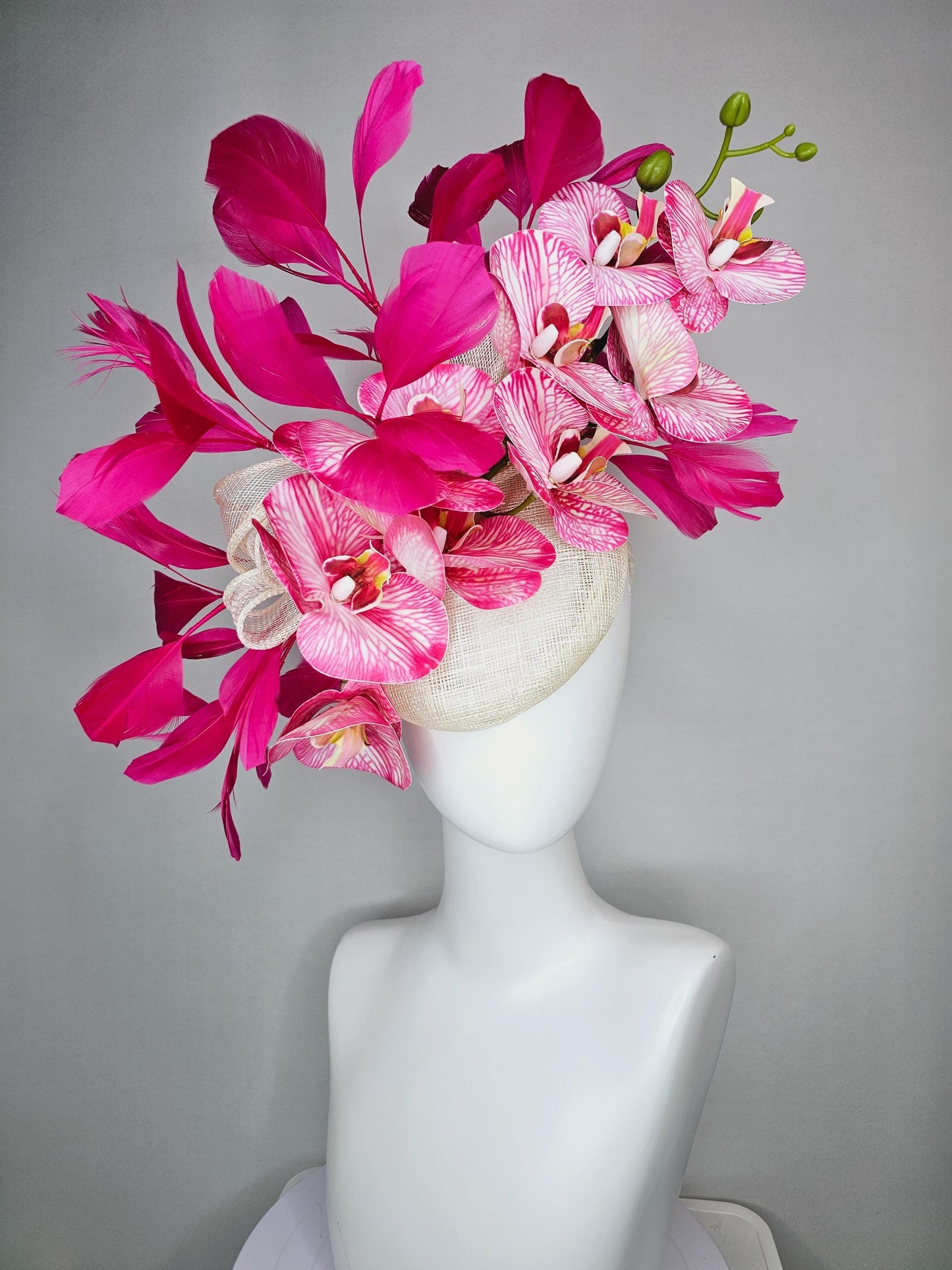kentucky derby hat fascinator ivory white sinamay with bow and white and pink satin orchid flowers with hot pink branching feathers