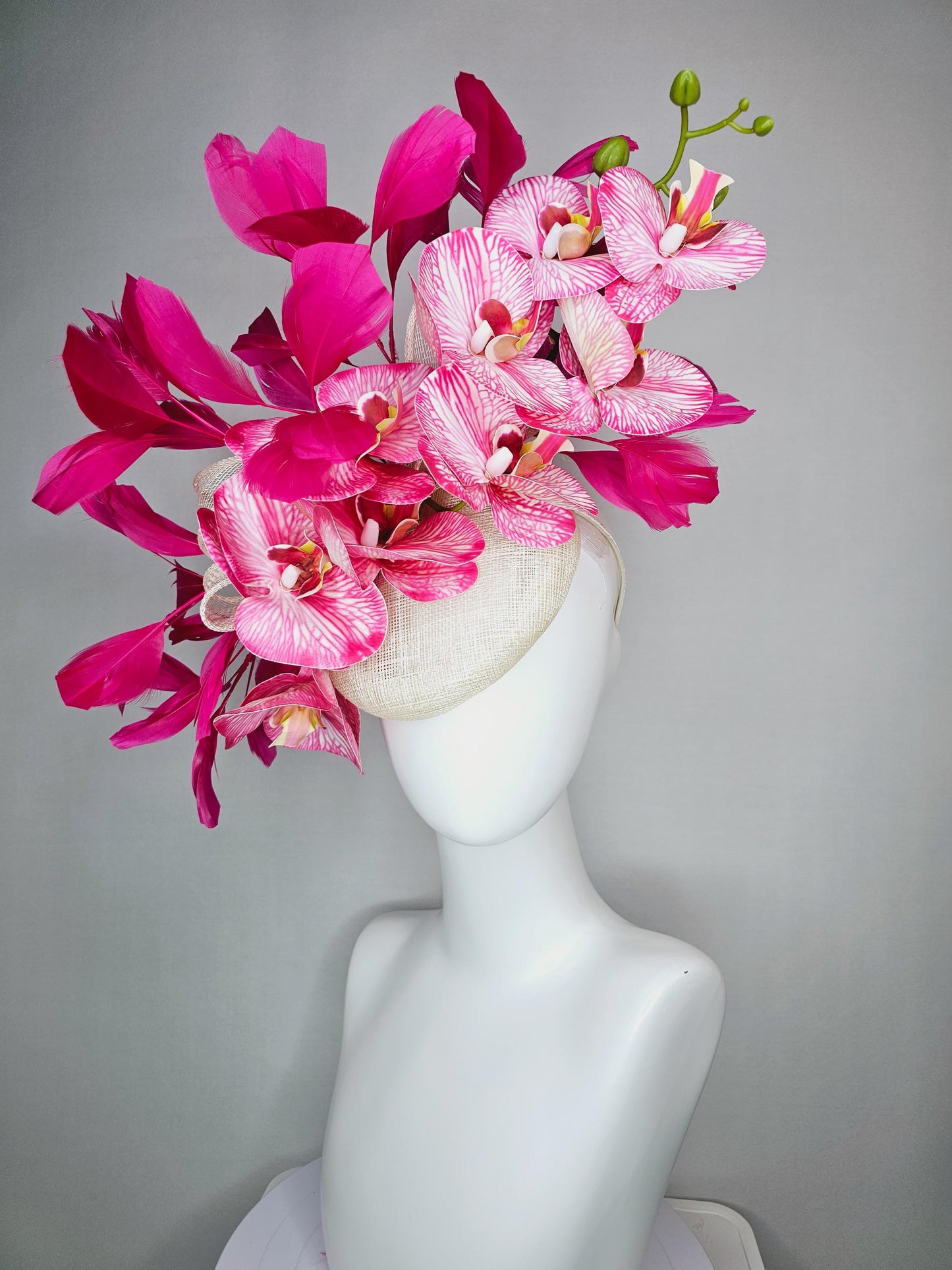 kentucky derby hat fascinator ivory white sinamay with bow and white and pink satin orchid flowers with hot pink branching feathers
