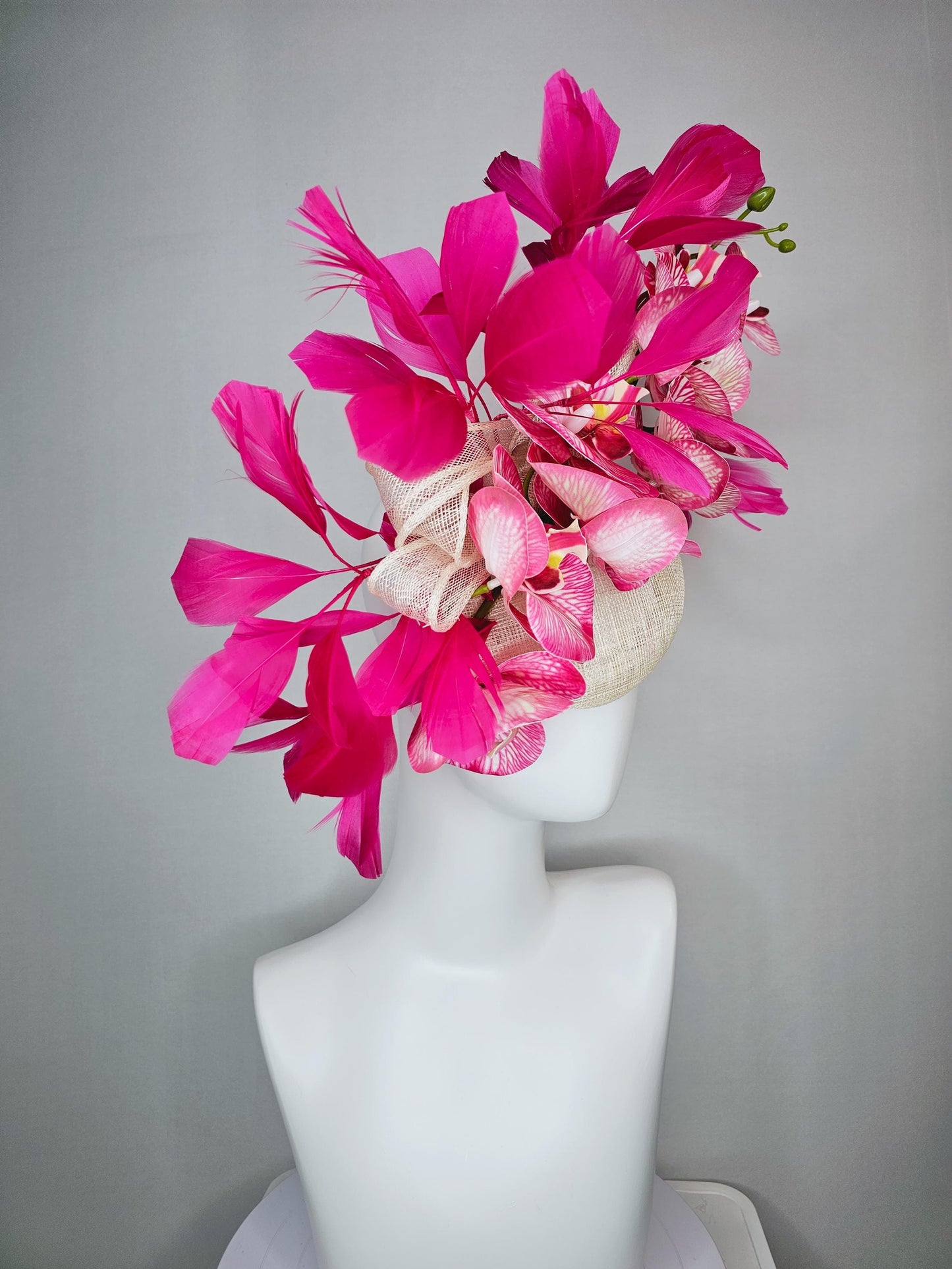 kentucky derby hat fascinator ivory white sinamay with bow and white and pink satin orchid flowers with hot pink branching feathers