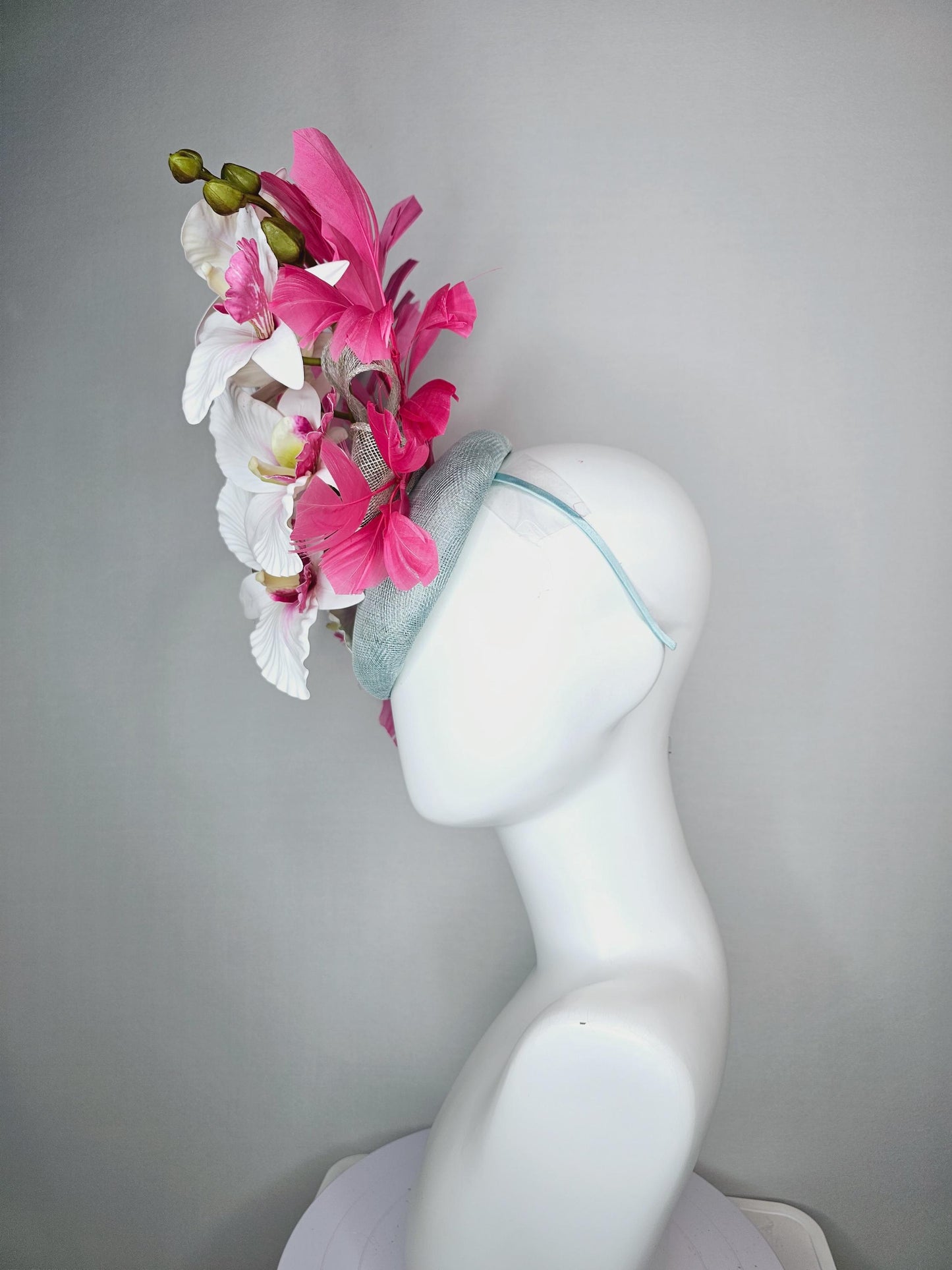 kentucky derby hat fascinator silver gray blue sinamay with bow and hot pink white satin orchid flowers with hot pink branching feathers