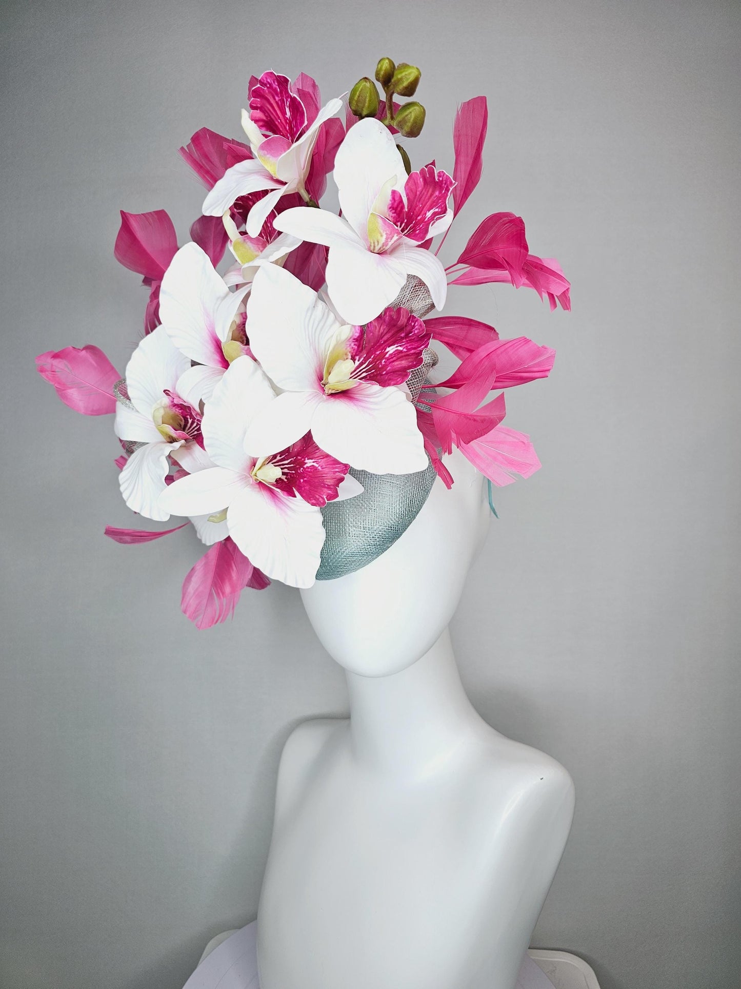 kentucky derby hat fascinator silver gray blue sinamay with bow and hot pink white satin orchid flowers with hot pink branching feathers
