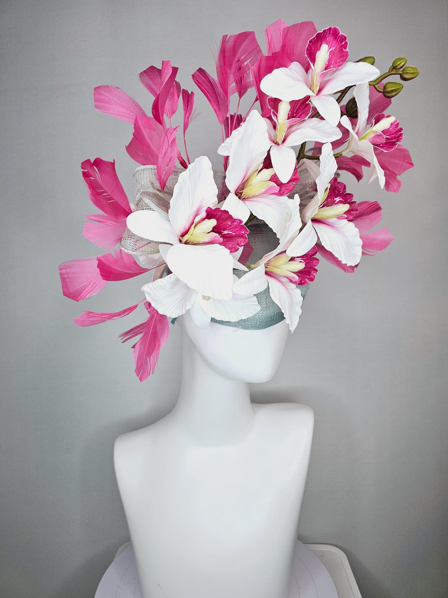kentucky derby hat fascinator silver gray blue sinamay with bow and hot pink white satin orchid flowers with hot pink branching feathers