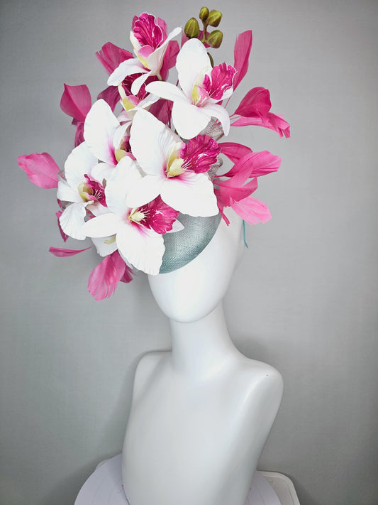 kentucky derby hat fascinator silver gray blue sinamay with bow and hot pink white satin orchid flowers with hot pink branching feathers