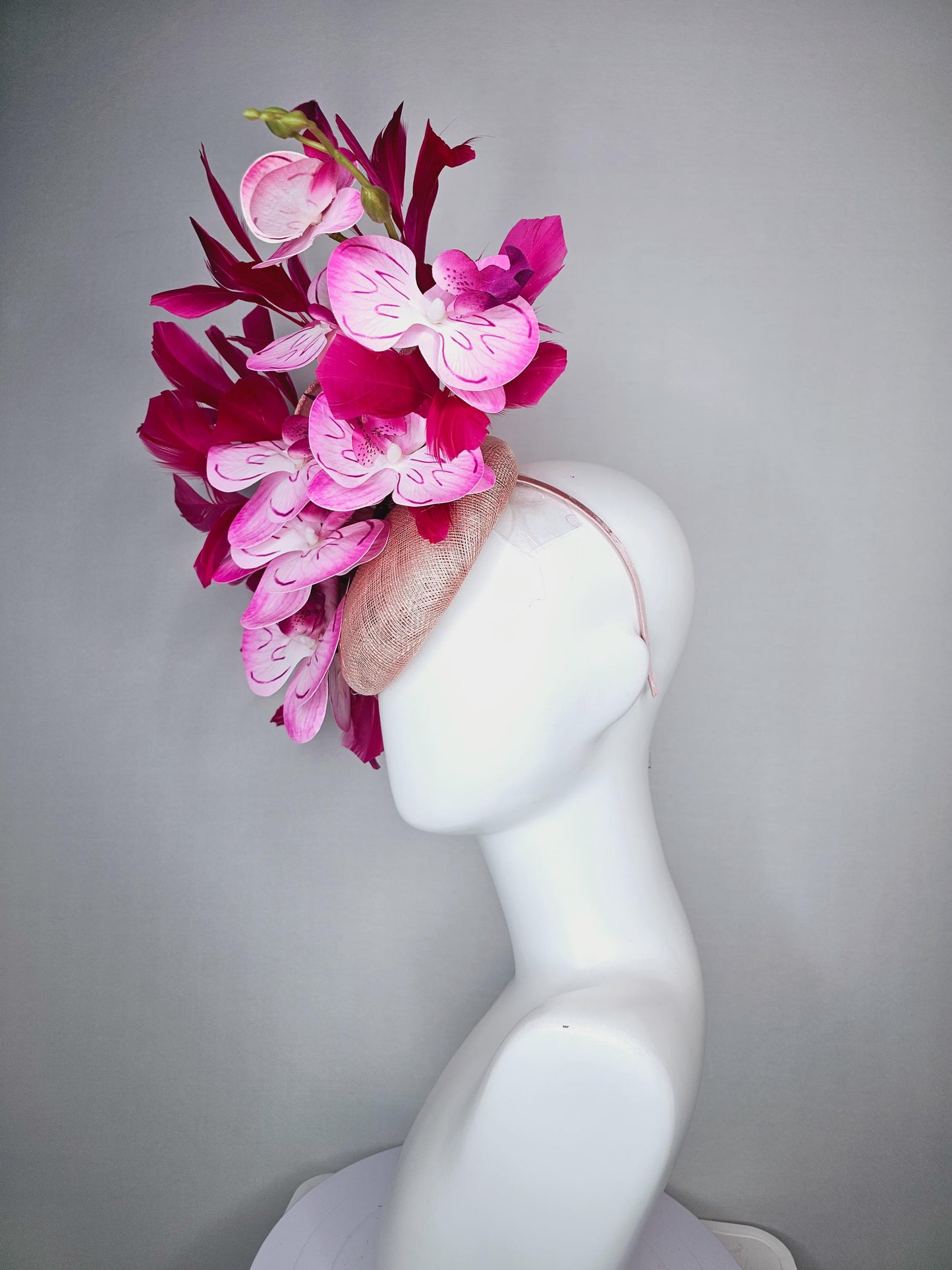 kentucky derby hat fascinator champagne pink sinamay with bow and blush pink satin orchid flowers with hot pink branching feathers