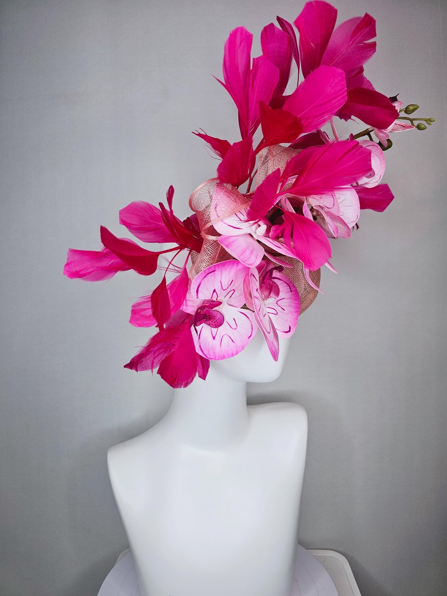 kentucky derby hat fascinator champagne pink sinamay with bow and blush pink satin orchid flowers with hot pink branching feathers