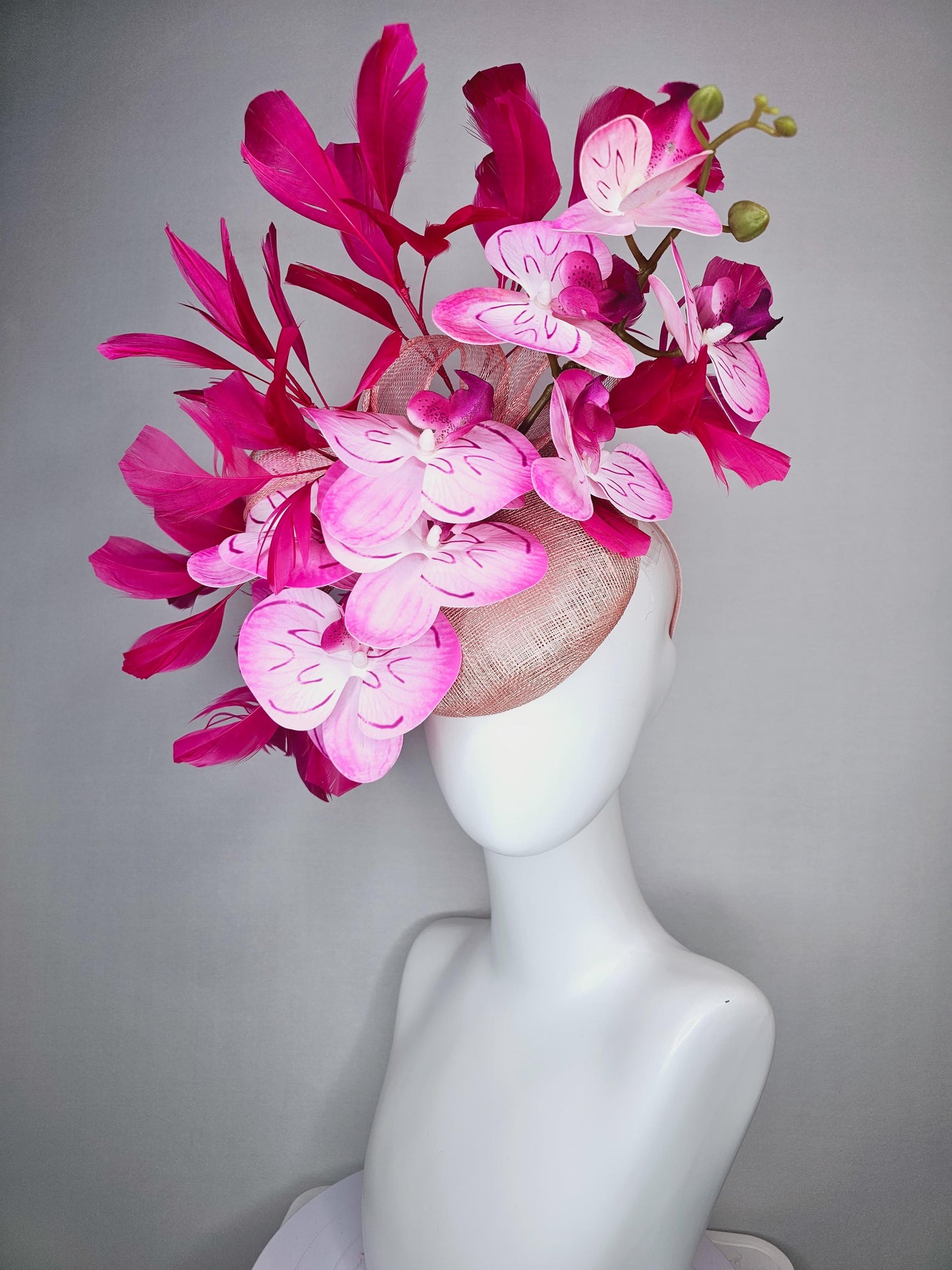 kentucky derby hat fascinator champagne pink sinamay with bow and blush pink satin orchid flowers with hot pink branching feathers