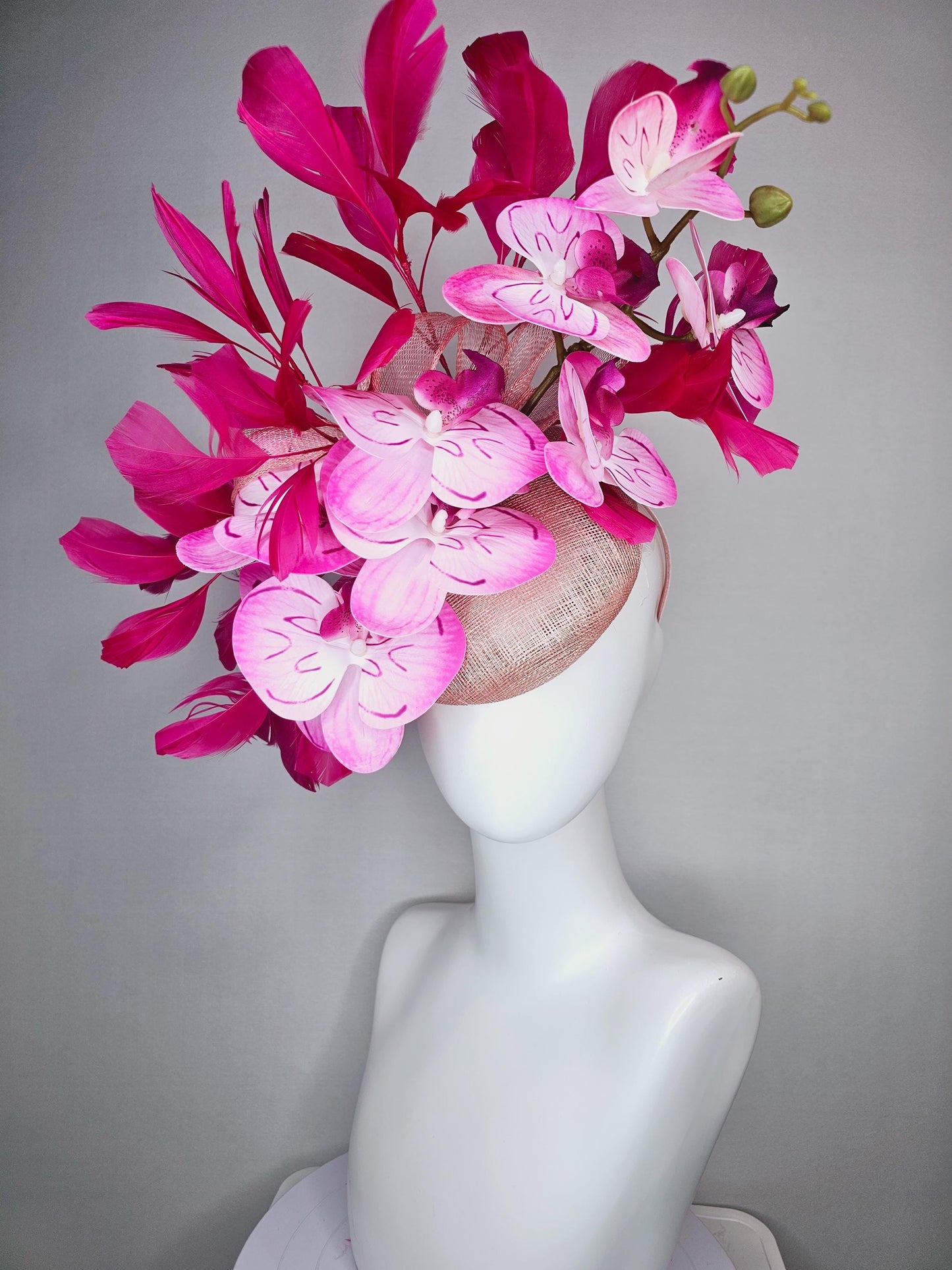 kentucky derby hat fascinator champagne pink sinamay with bow and blush pink satin orchid flowers with hot pink branching feathers