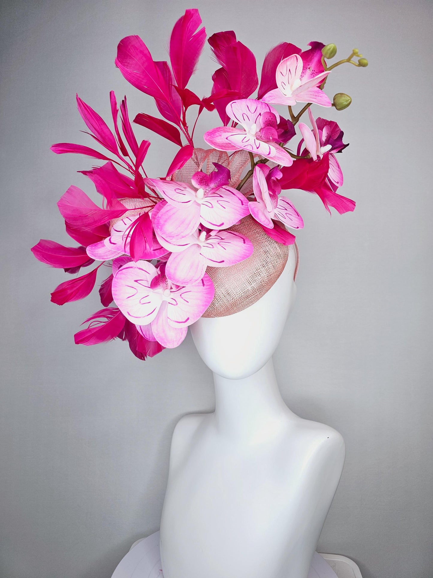 kentucky derby hat fascinator champagne pink sinamay with bow and blush pink satin orchid flowers with hot pink branching feathers