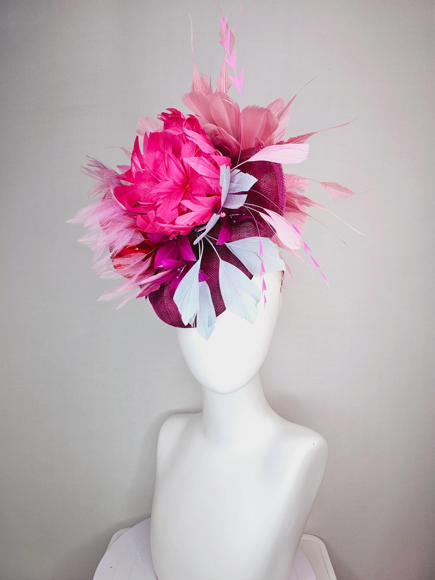 kentucky derby hat fascinator colorful magenta purple sinamay with bow pink red magenta feather flowers light pink light blue feathers