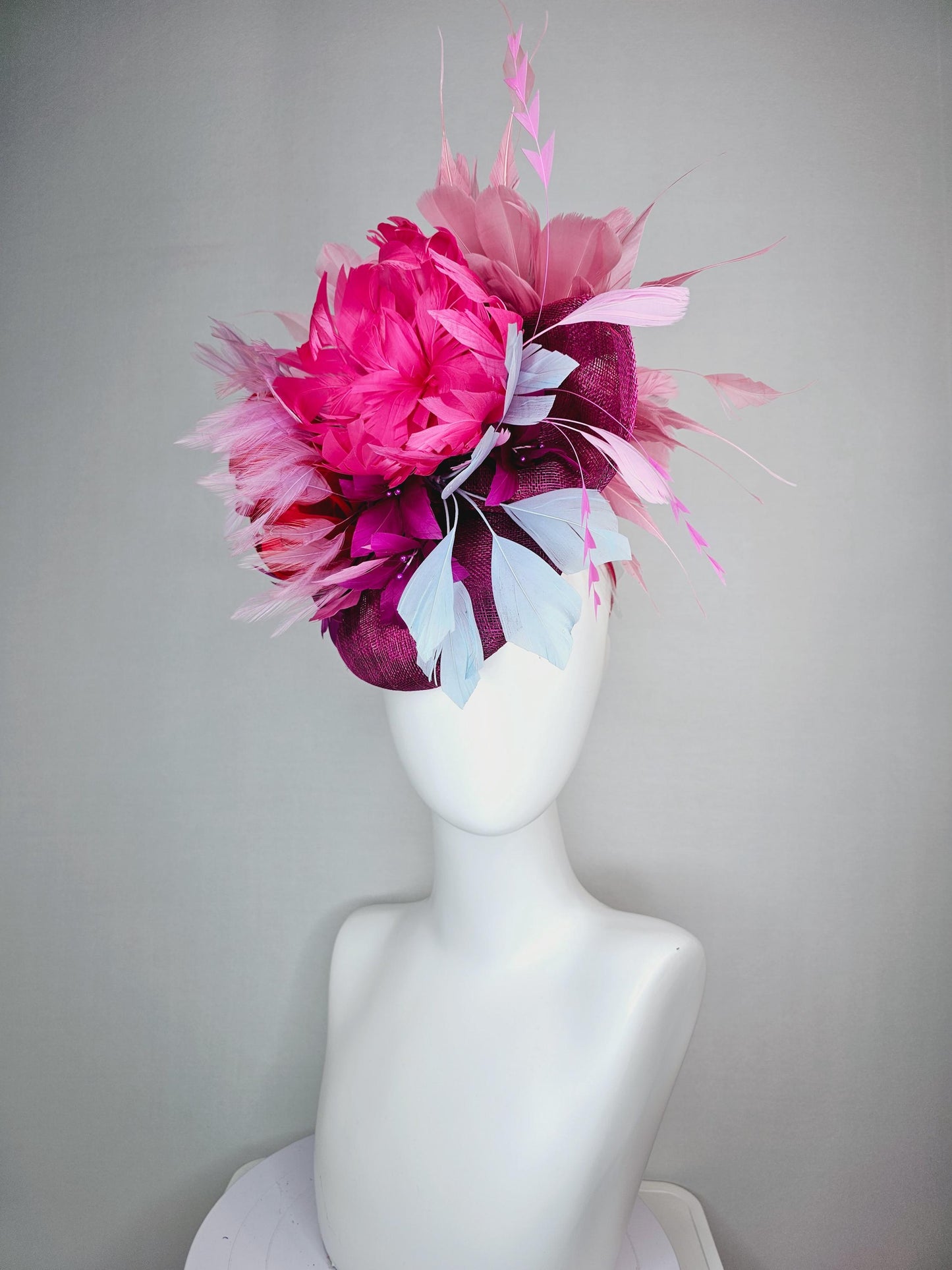 kentucky derby hat fascinator colorful magenta purple sinamay with bow pink red magenta feather flowers light pink light blue feathers