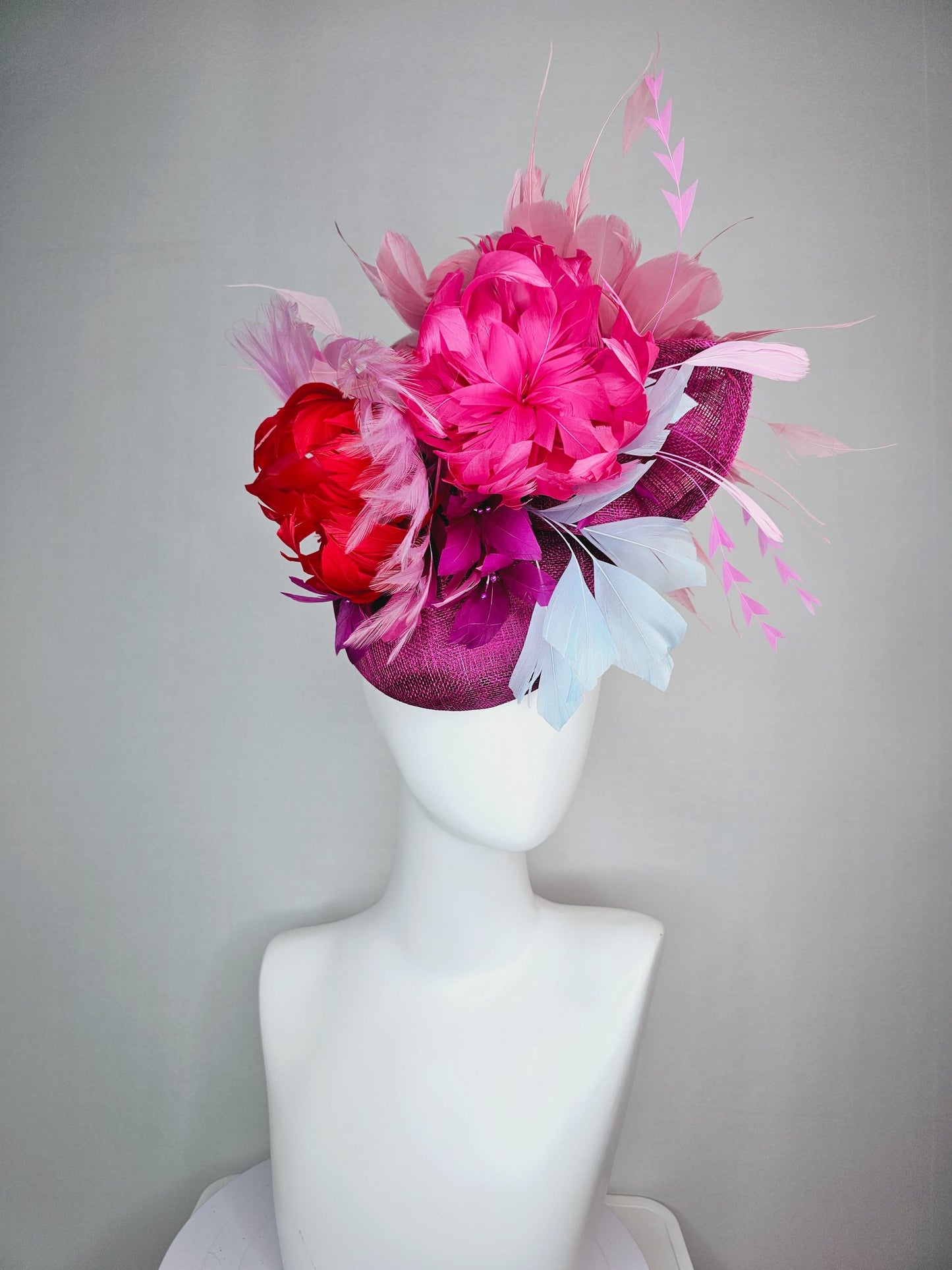 kentucky derby hat fascinator colorful magenta purple sinamay with bow pink red magenta feather flowers light pink light blue feathers