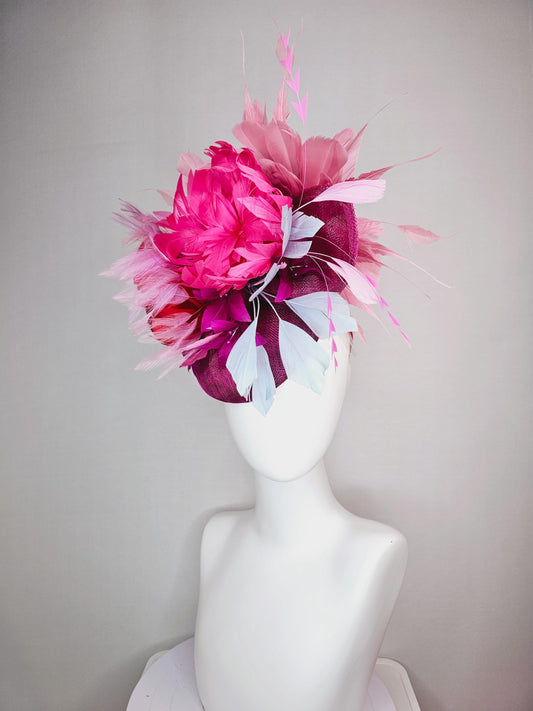 kentucky derby hat fascinator colorful magenta purple sinamay with bow pink red magenta feather flowers light pink light blue feathers