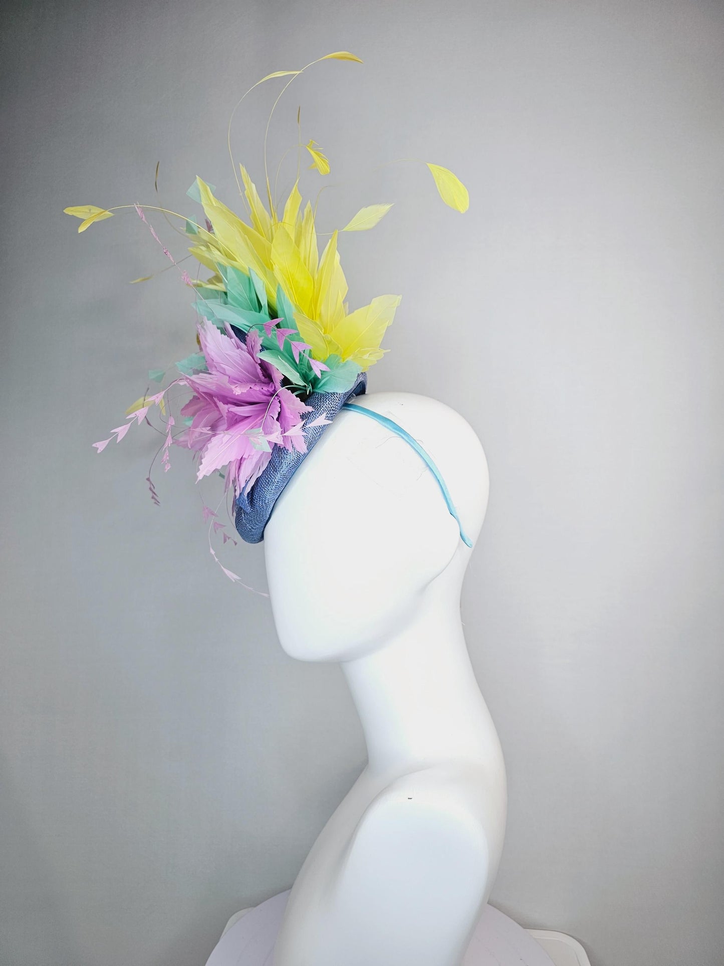 kentucky derby hat fascinator colorful denim blue sinamay with bow lilac lavender purple feather flower mint green yellow branching feathers
