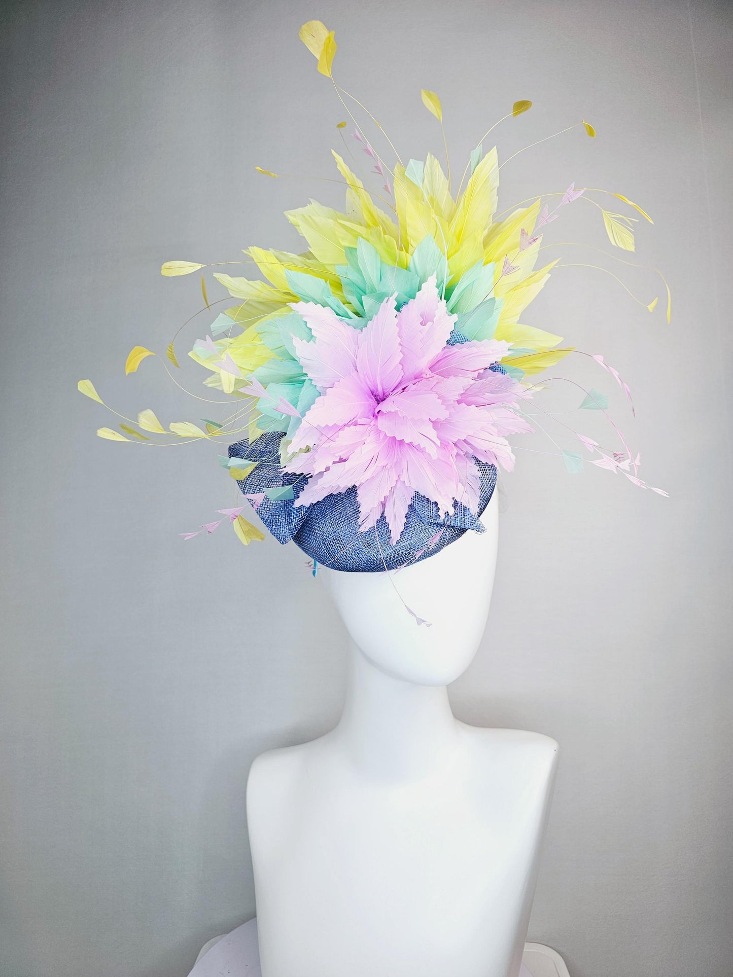kentucky derby hat fascinator colorful denim blue sinamay with bow lilac lavender purple feather flower mint green yellow branching feathers