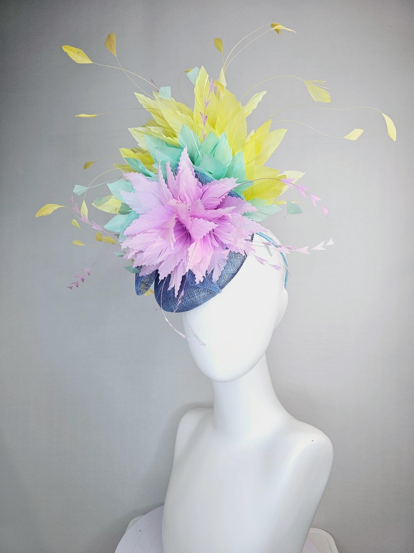 kentucky derby hat fascinator colorful denim blue sinamay with bow lilac lavender purple feather flower mint green yellow branching feathers