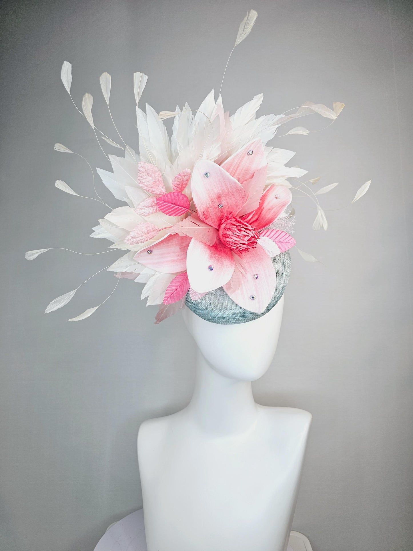 kentucky derby hat fascinator light gray blue sinamay with raspberry pink ombre flower blush pink light pink ivory white branching feathers