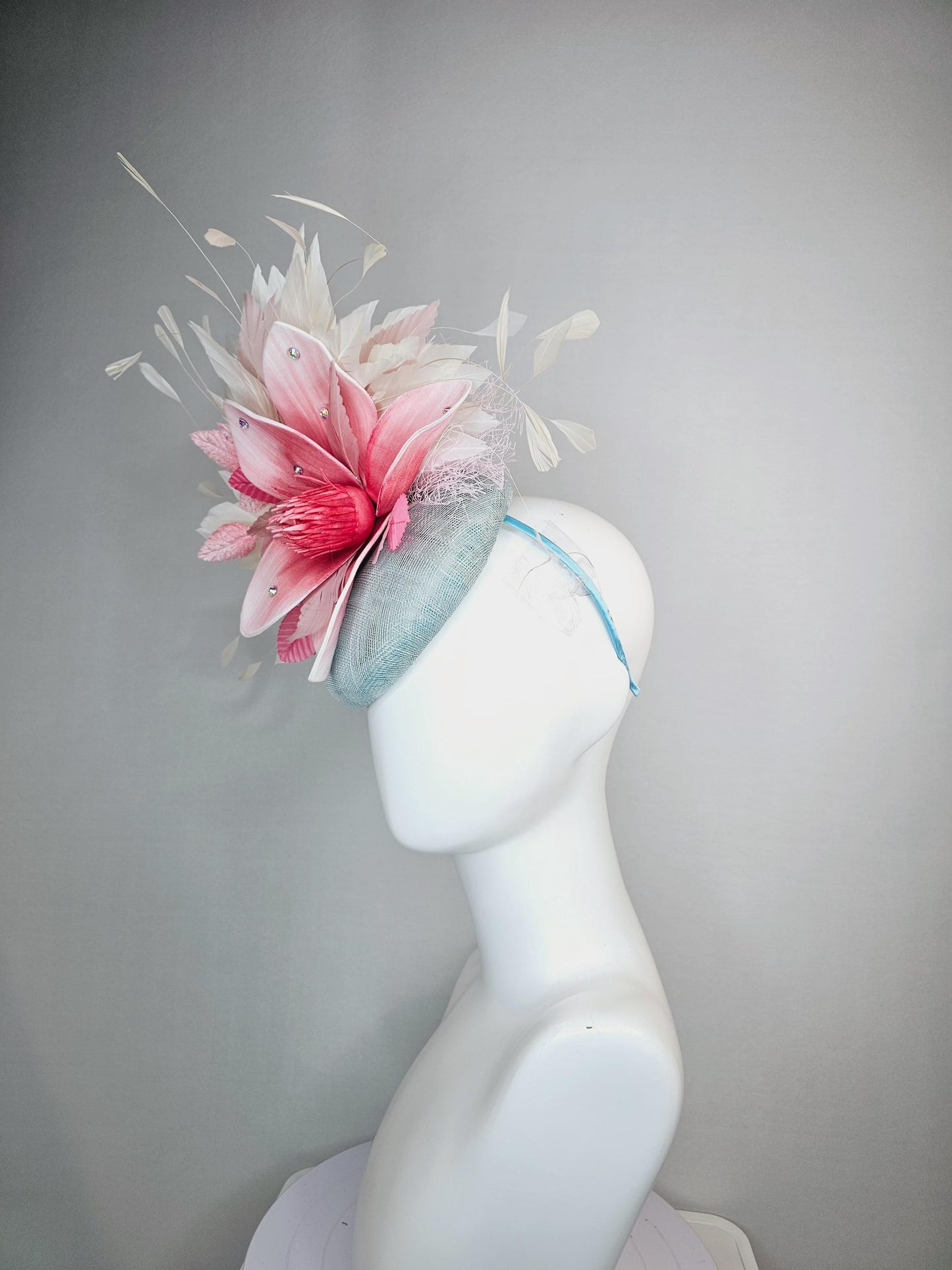 kentucky derby hat fascinator light gray blue sinamay with raspberry pink ombre flower blush pink light pink ivory white branching feathers