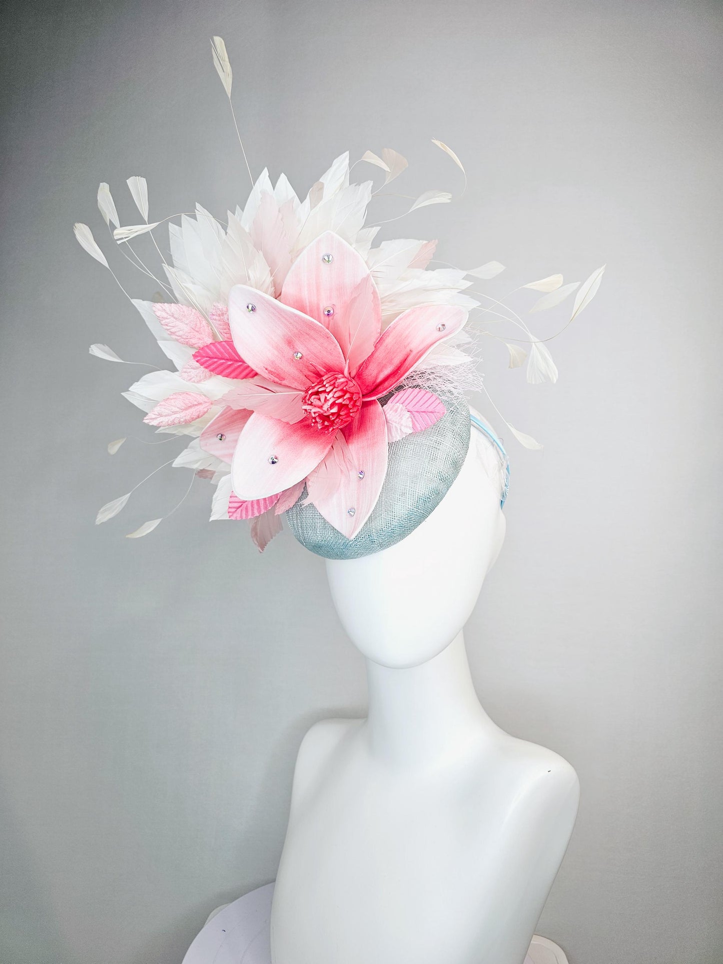 kentucky derby hat fascinator light gray blue sinamay with raspberry pink ombre flower blush pink light pink ivory white branching feathers